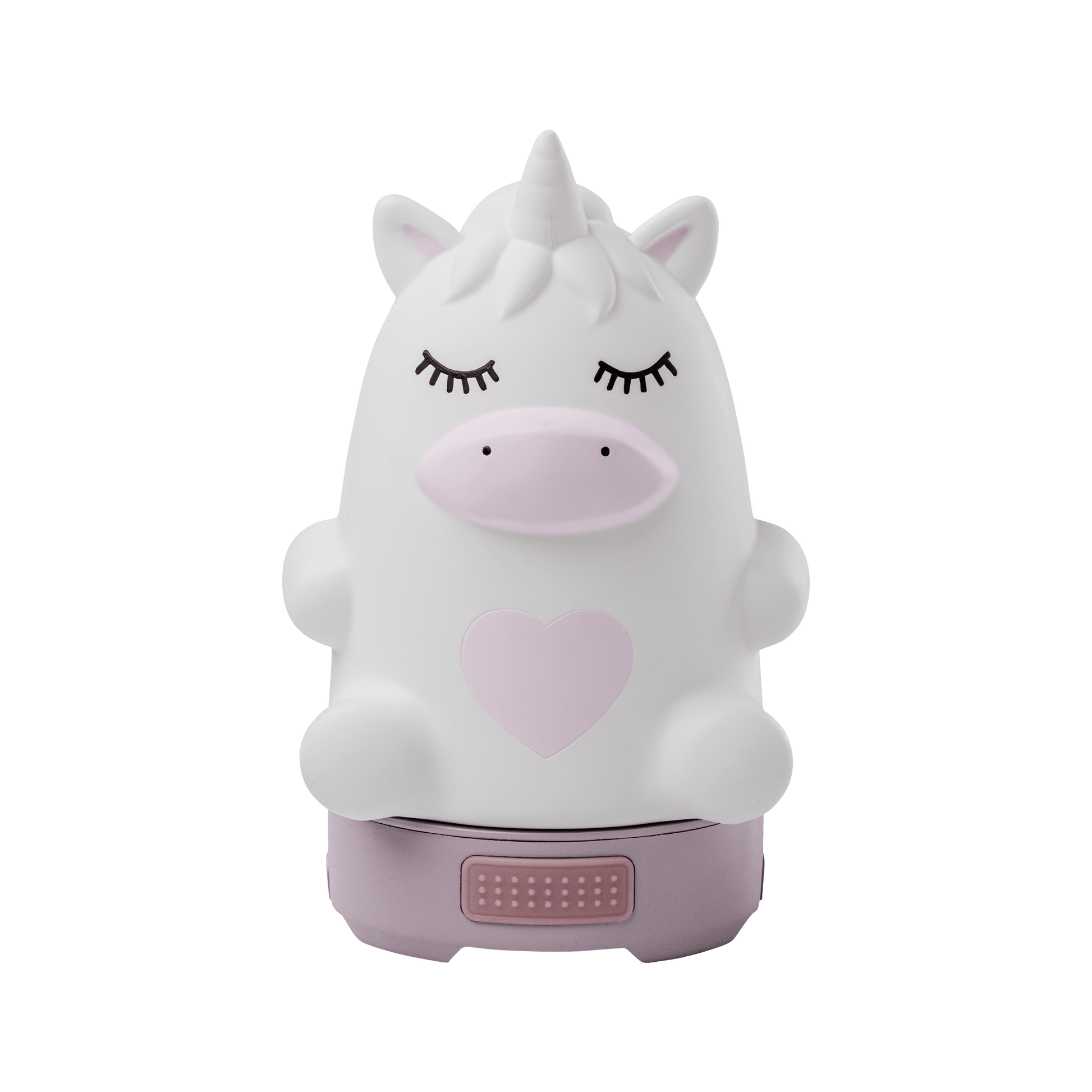 Unicorn-shaped night light with a pink heart on a black background.