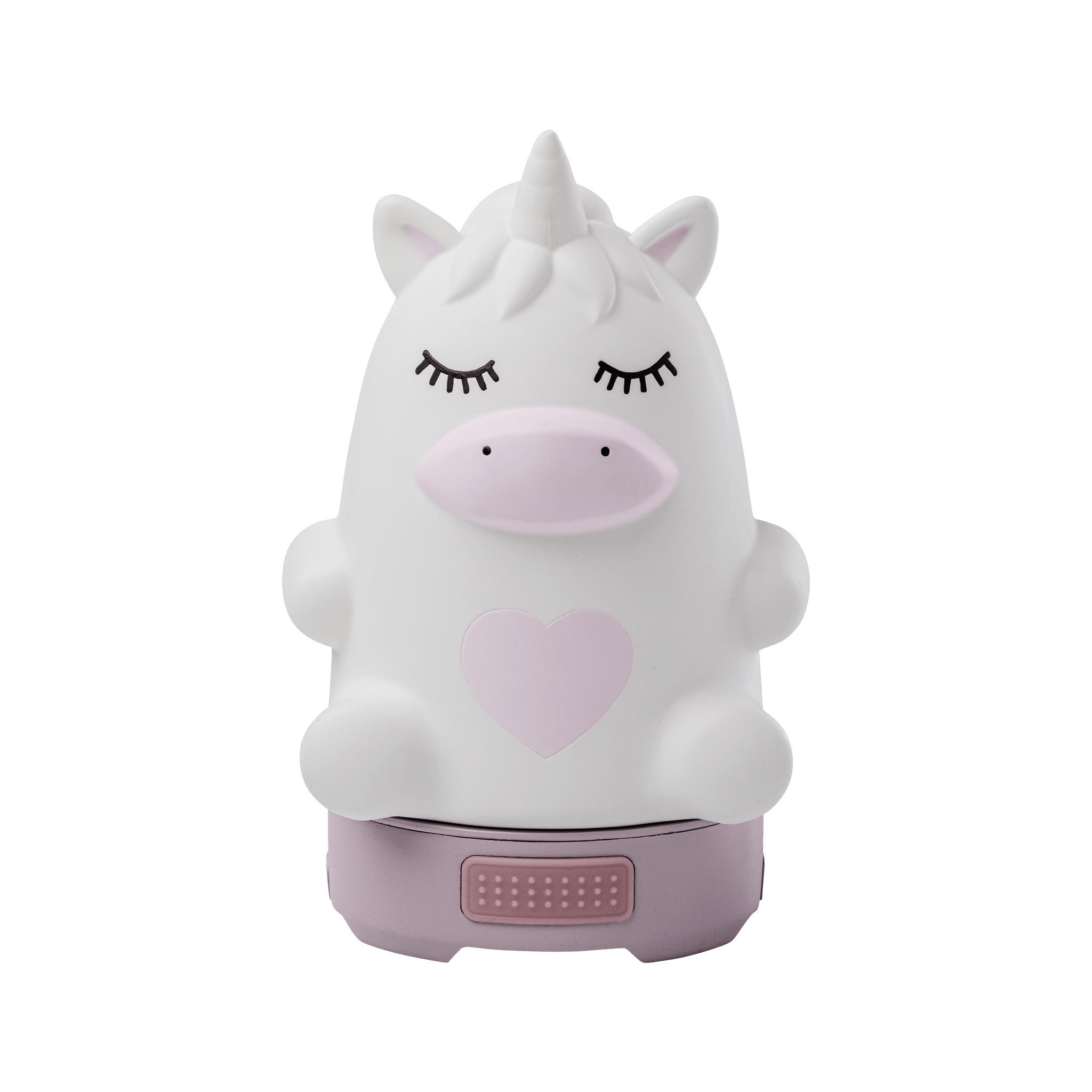 Unicorn-shaped night light with a pink heart on a black background.
