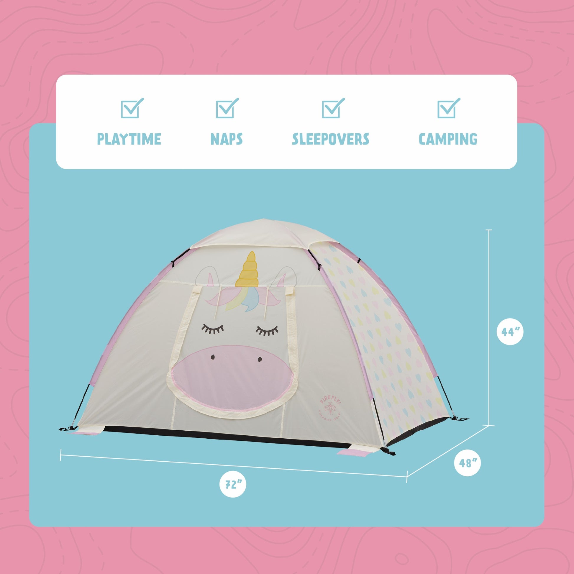 A children's dome tent with a unicorn face graphic on the front, shown with dimension labels (72 x 48 x 44 inches) and feature icons for playtime, naps, sleepovers, and camping on a pink and blue graphic background.