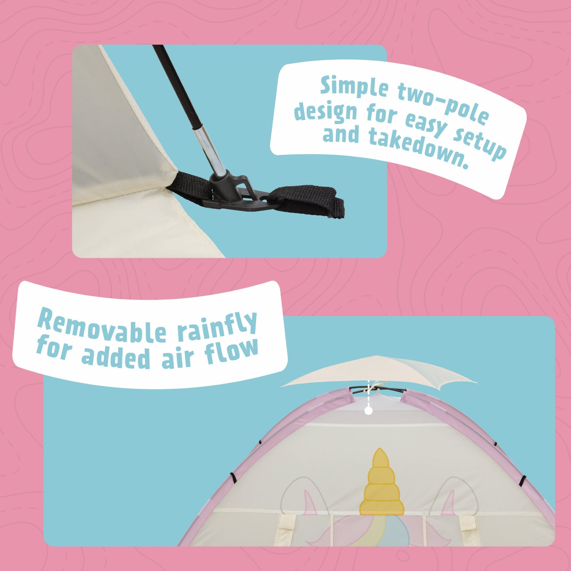 Promotional graphic for a camping tent showing two inset panels with feature callouts: a close-up of the pole attachment with text reading 'Simple two-pole design for easy setup and takedown,' and a wider view of the tent with text reading 'Removable rainfly for added air flow.' The background is a dark blue-gray topographic map pattern.
