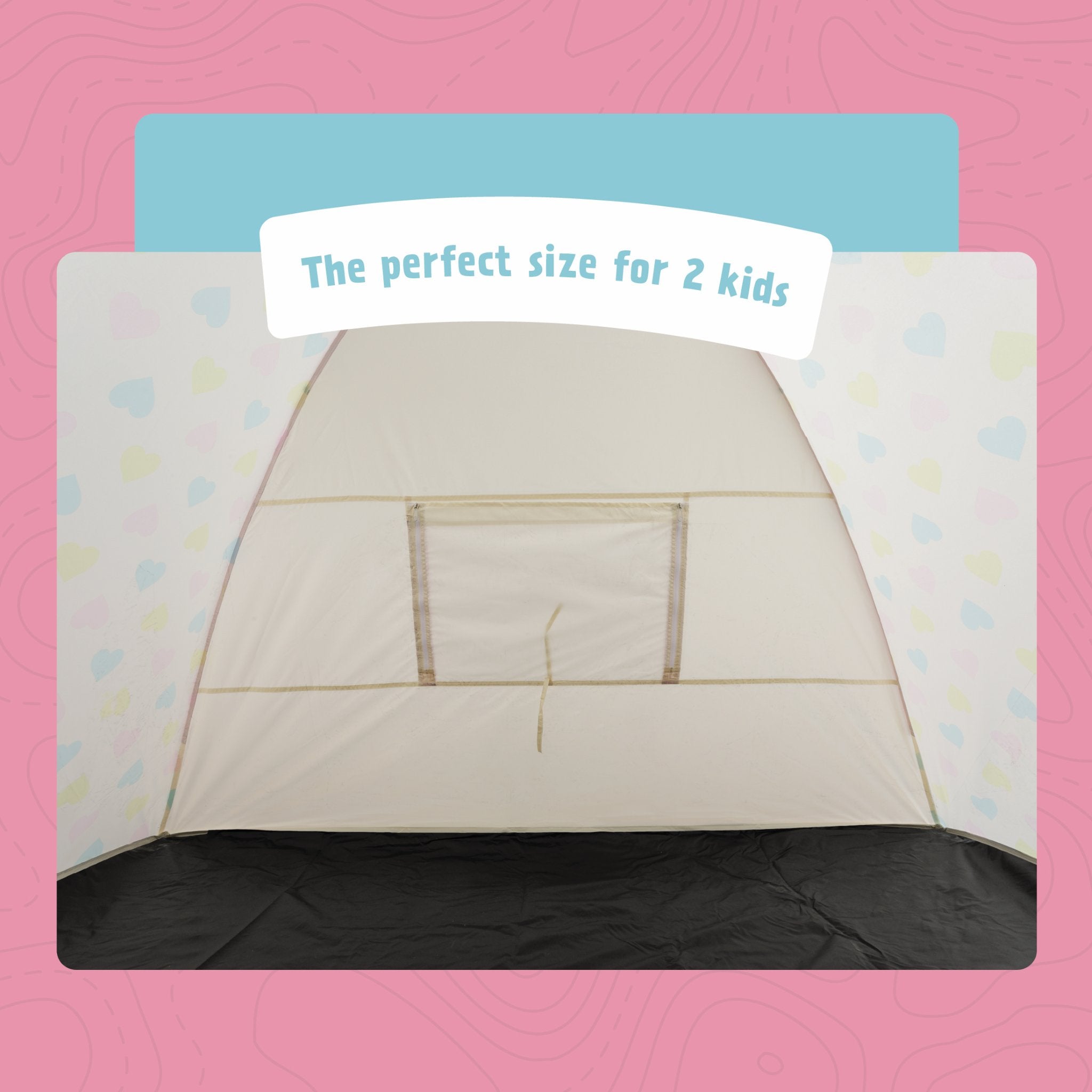 A dome-style camping tent with a front door window, shown inside a stylized graphic frame with blue wavy patterns and an orange top panel. A white banner across the top reads, 'The perfect size for 2 kids.