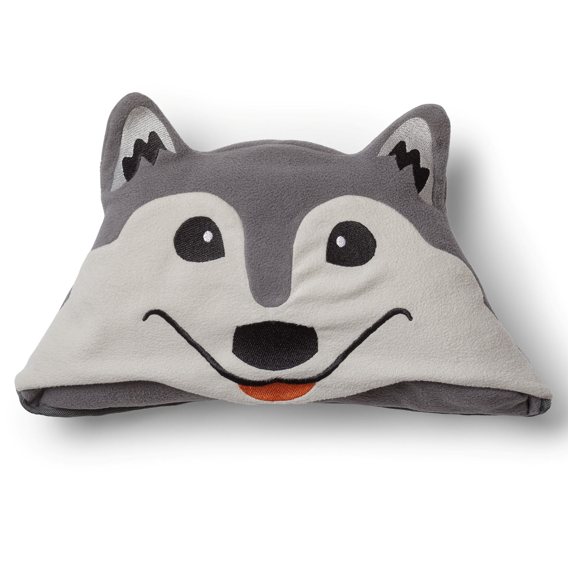 Wolf-shaped pillow folded up.