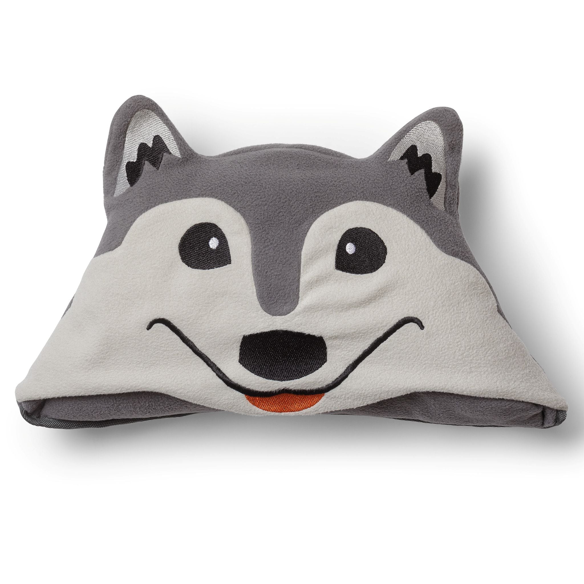 Wolf-shaped pillow folded up.