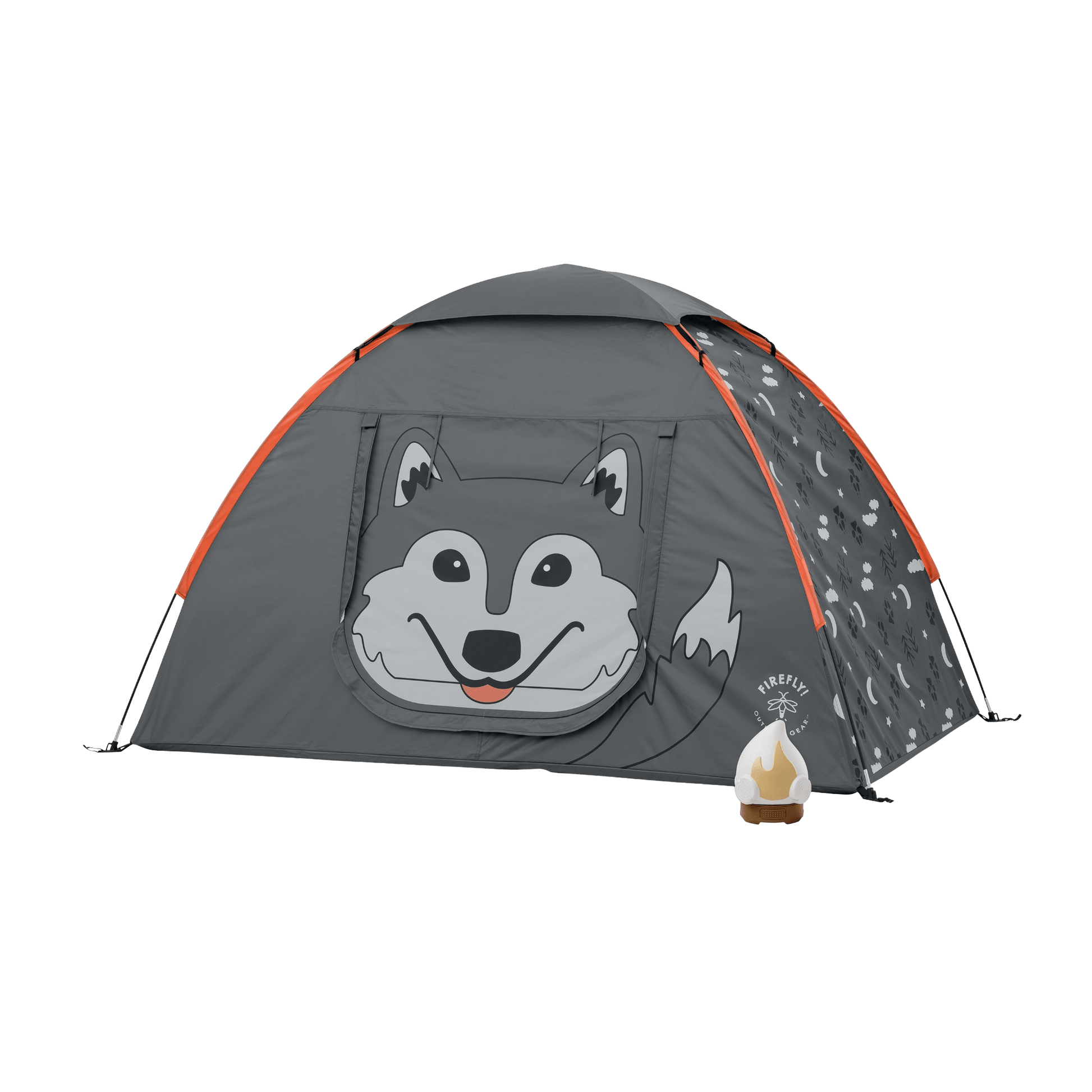 A gray dome camping tent with a large cartoon wolf face on the front door and a patterned side panel, shown on a plain white background. A small white campfire lantern with a flame graphic is placed in front of the tent.