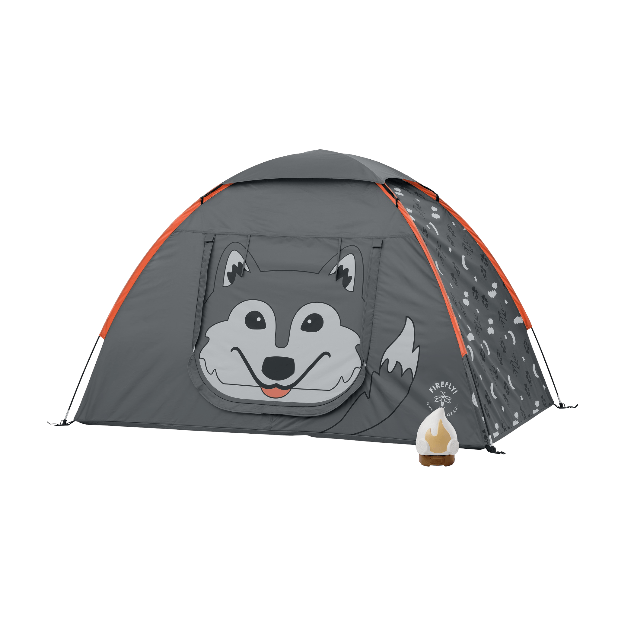 A gray dome camping tent with a large cartoon wolf face on the front door and a patterned side panel, shown on a plain white background. A small white campfire lantern with a flame graphic is placed in front of the tent.