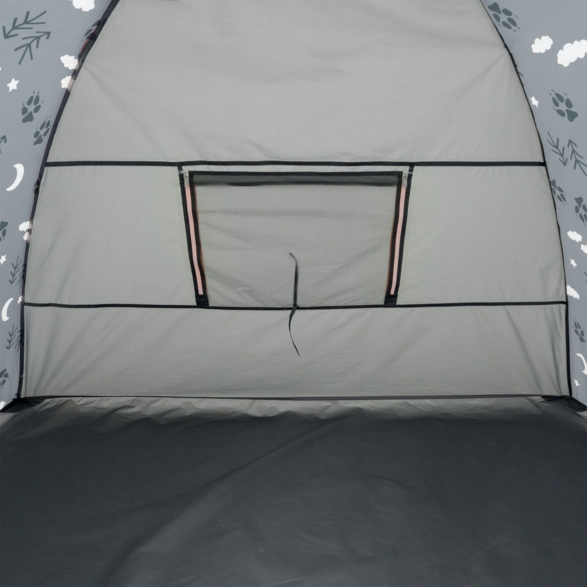 Gray pop-up tent with a front window and a dark gray floor sheet, shown against a patterned gray background with white clouds and leaves.