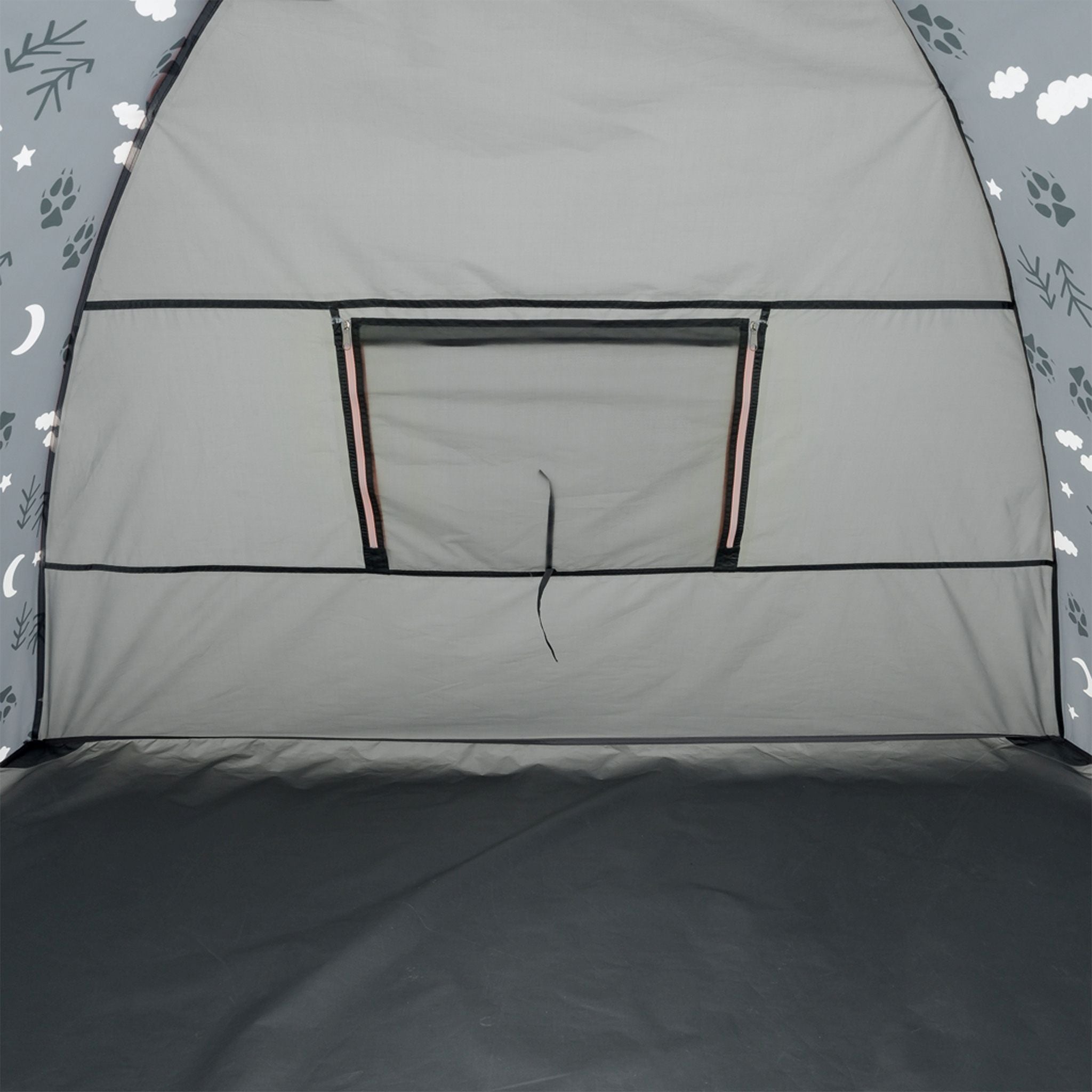 Gray pop-up tent with a front window and a dark gray floor sheet, shown against a patterned gray background with white clouds and leaves.