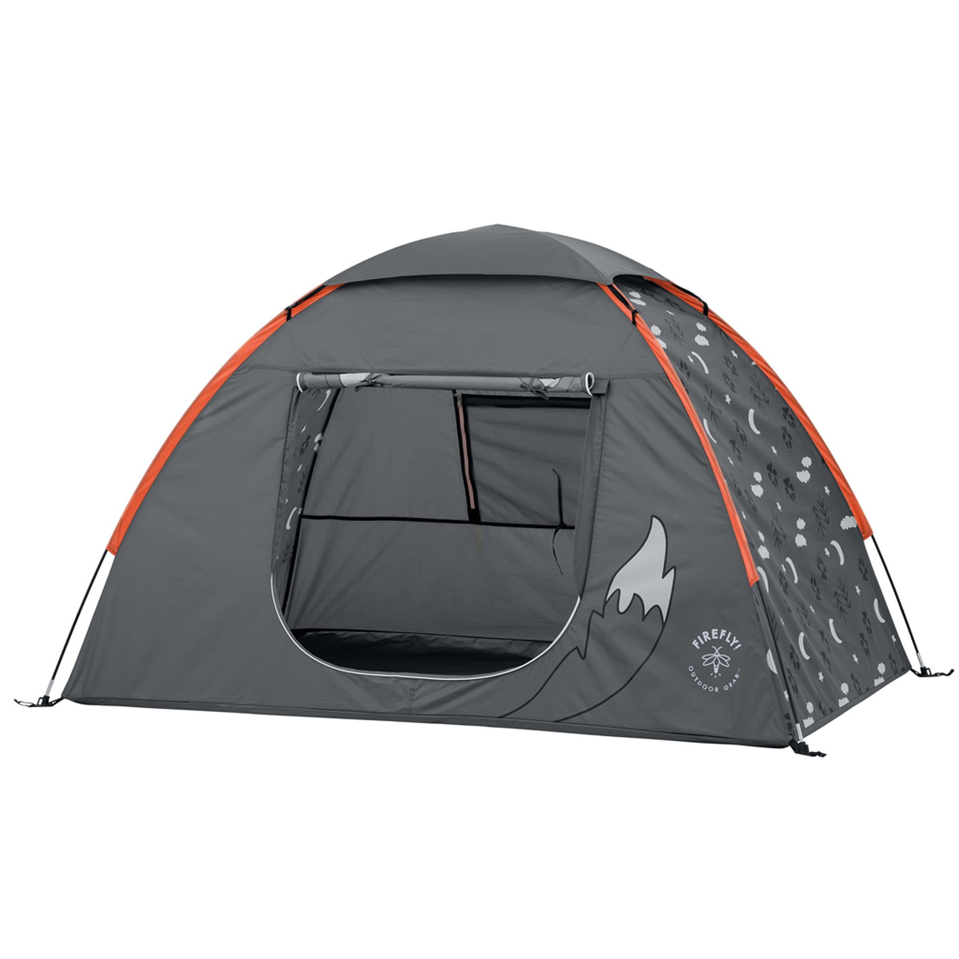 A dark gray dome camping tent with orange trim and a moon-and-stars pattern on the side mesh door, shown on a plain white background.