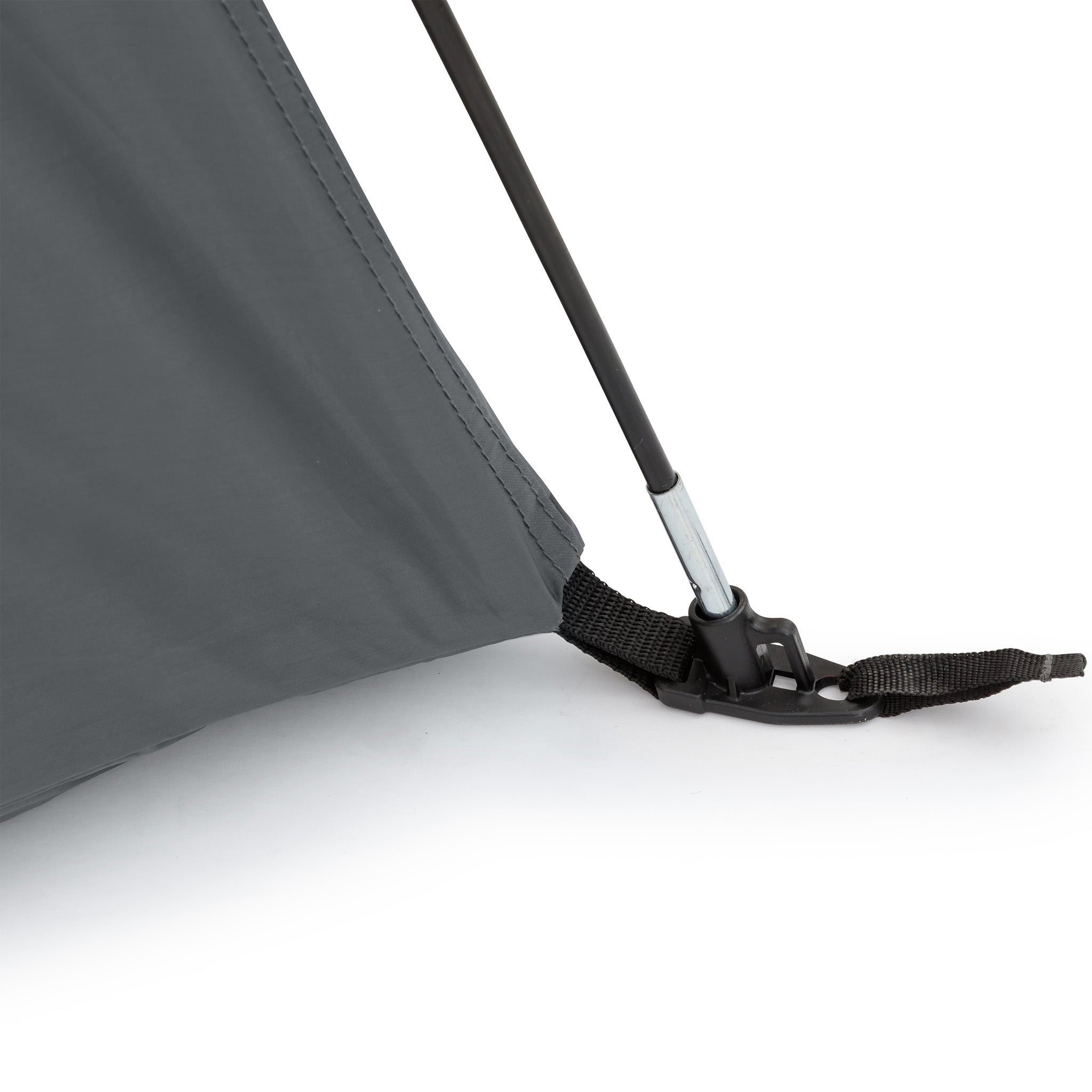 Close-up of a dark gray tent fabric attached to a black support pole with a silver connector and black strap hardware, shown on a white studio background.