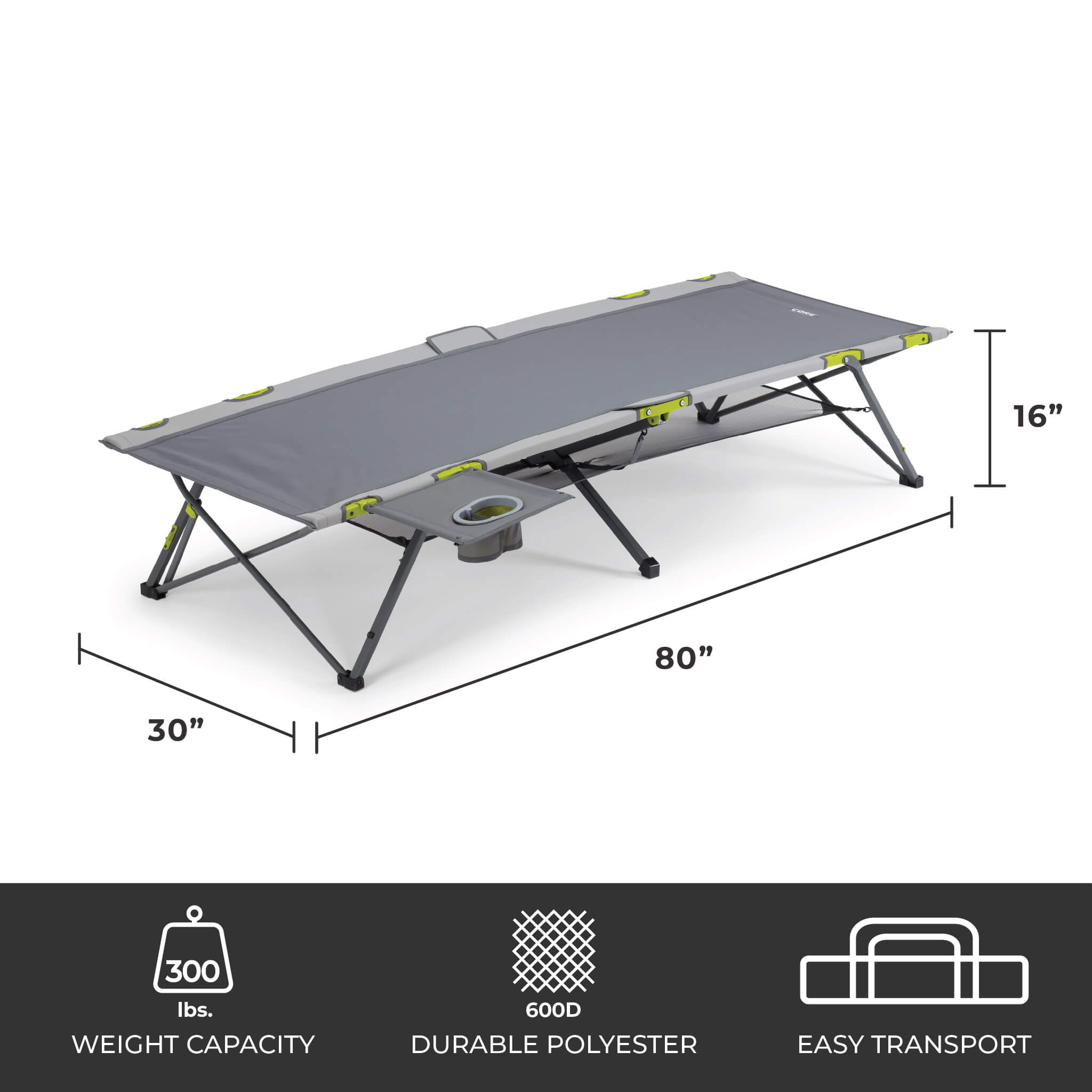 CORE folding camp cot with dimensions 80 x 30 x 16 inches, 600D Polyester, 300 lb capacity.