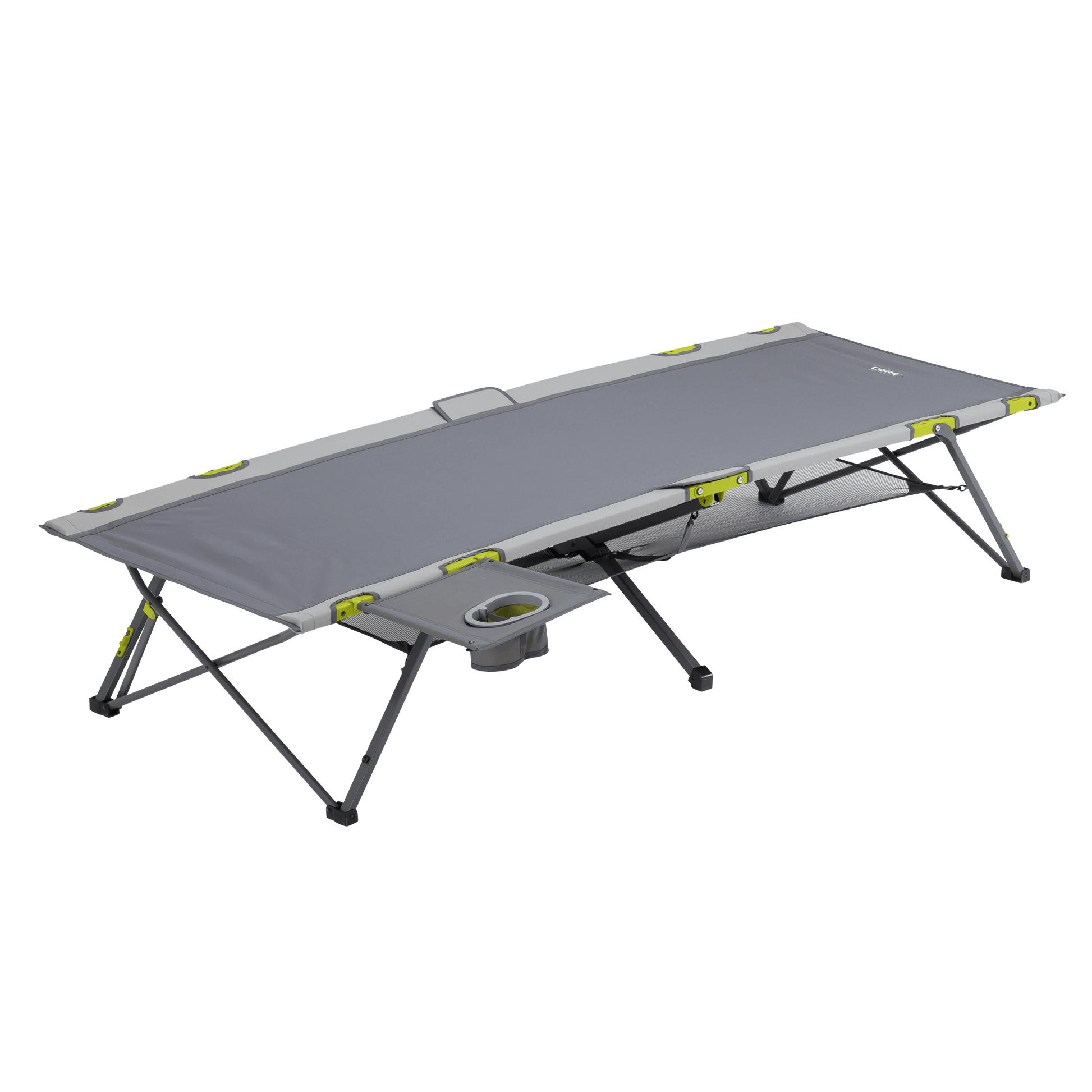 CORE folding camp cot with gray fabric, green accents, and removable side table with cup holder.