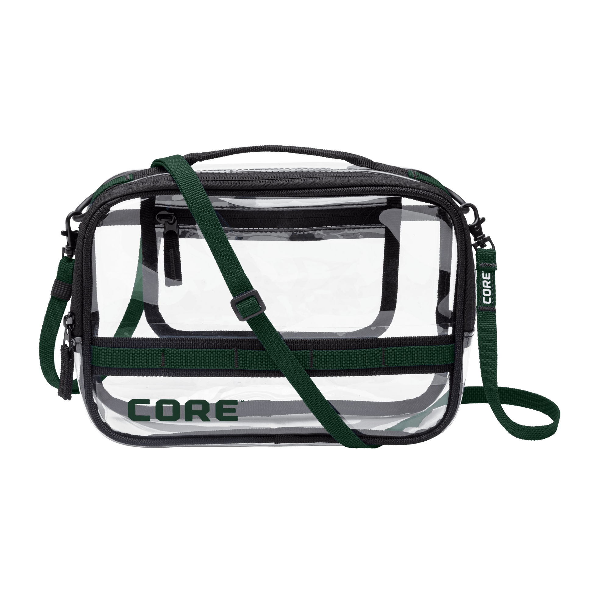 CORE clear stadium bag with navy trim, adjustable shoulder strap, and zippered compartments designed to meet stadium entry requirements.