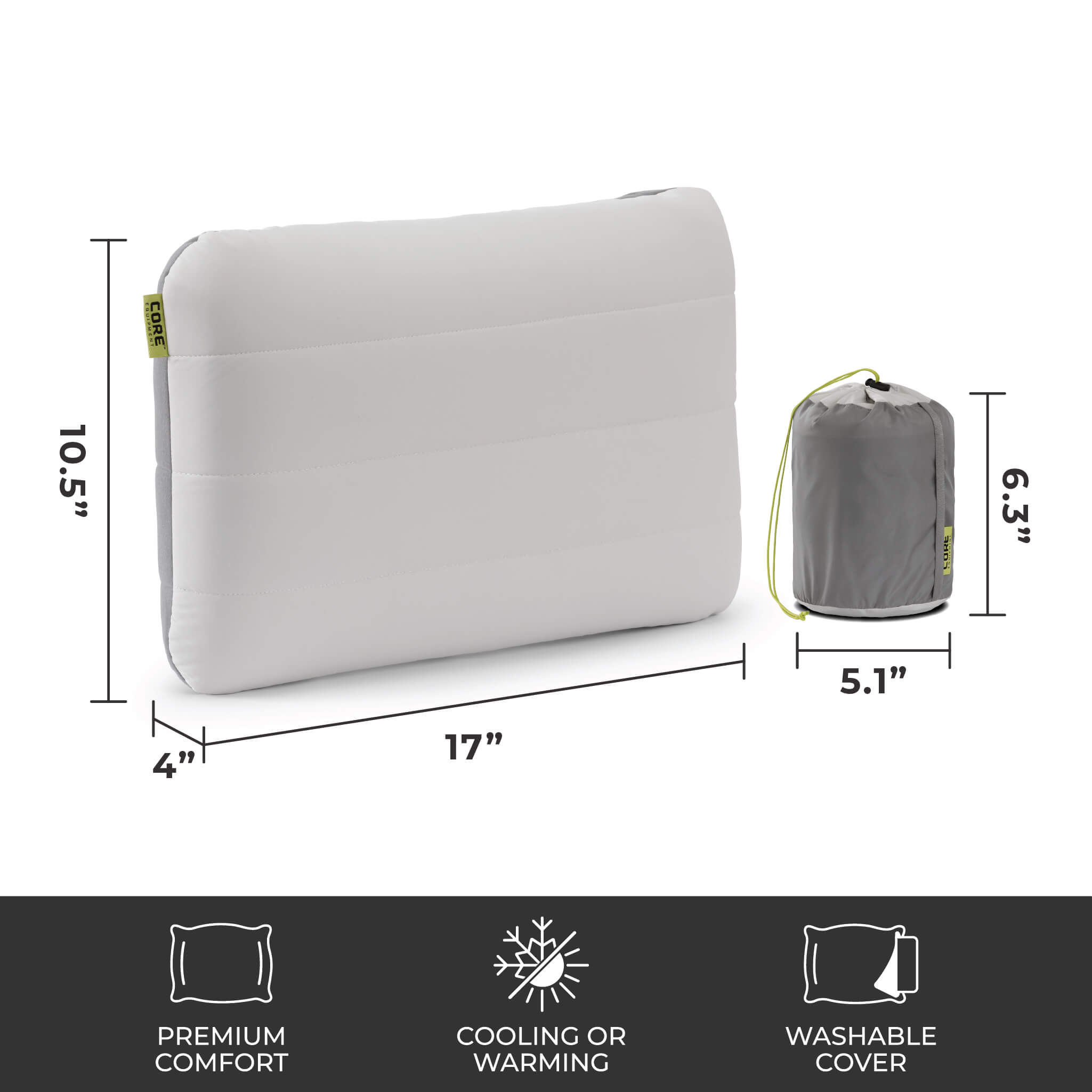 CORE inflatable hybrid pillow with carry bag, measures 17 x 10.5 x 4 in, compact pack size for travel.