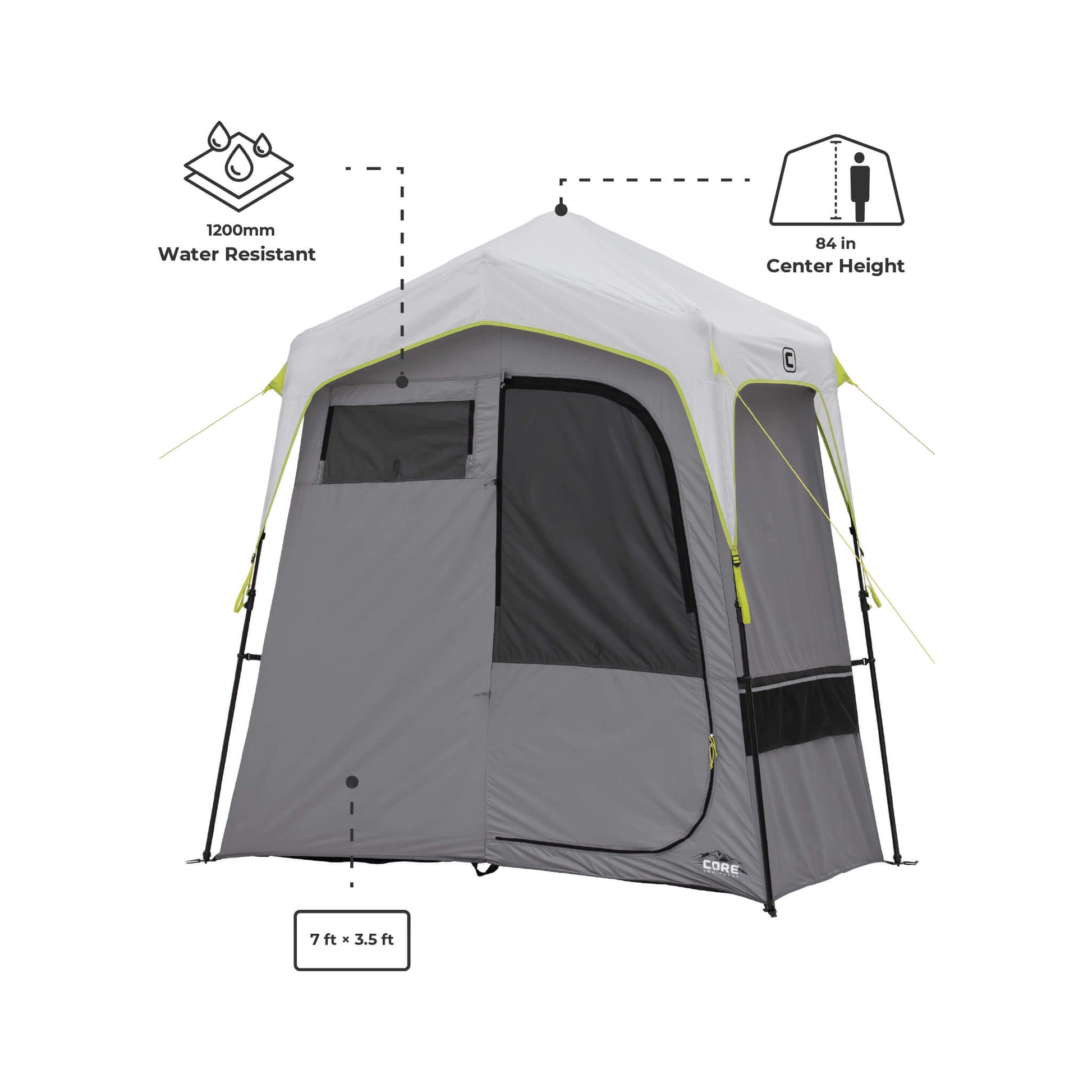 Image shows text: 1200mm Water Resistant, 84 in Center Height, and 7 ft x 3.5 ft with labeled dimensions on the CORE instant shower tent.