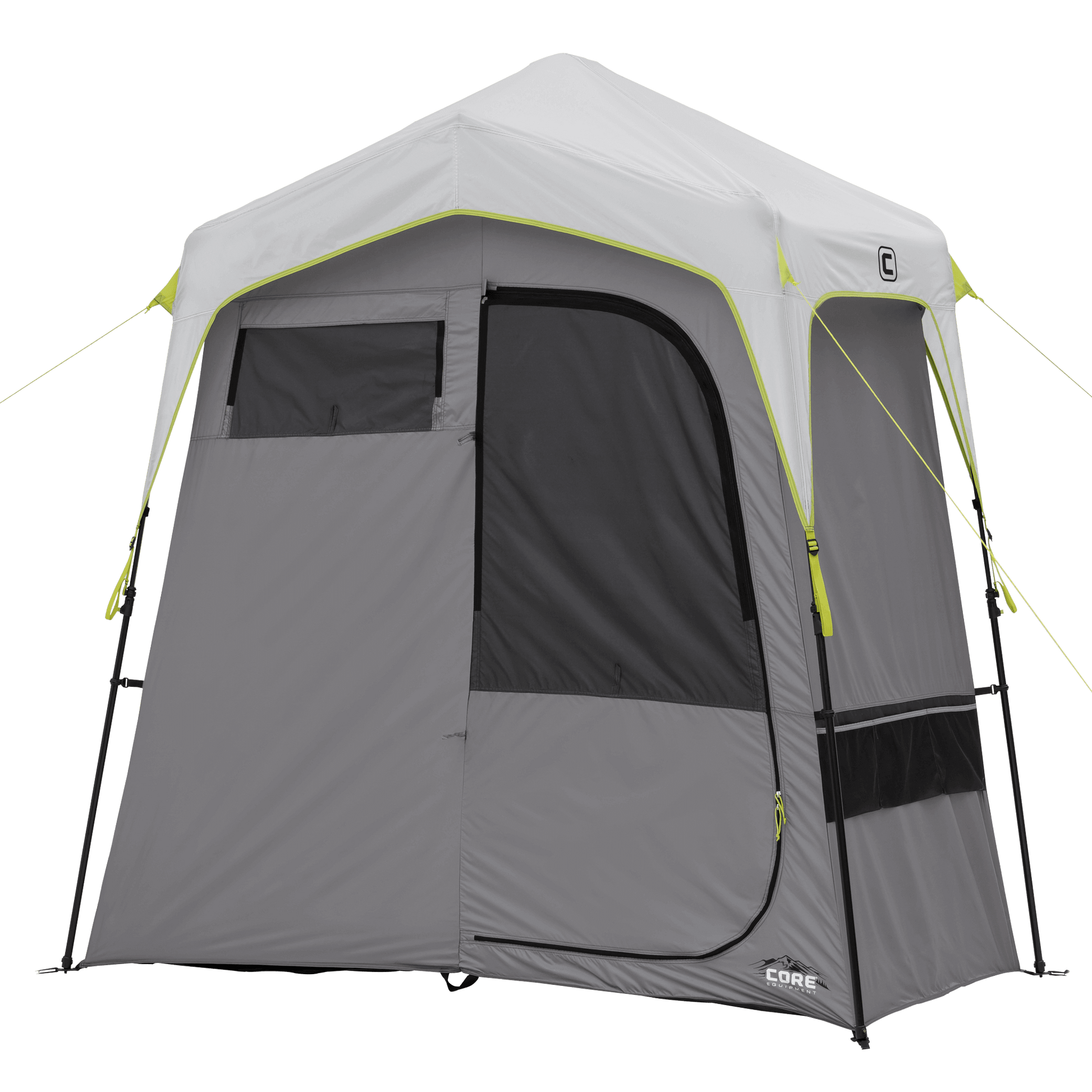 CORE instant shower tent in gray and green, featuring water-resistant fabric, mesh roof panels, and quick setup frame design.