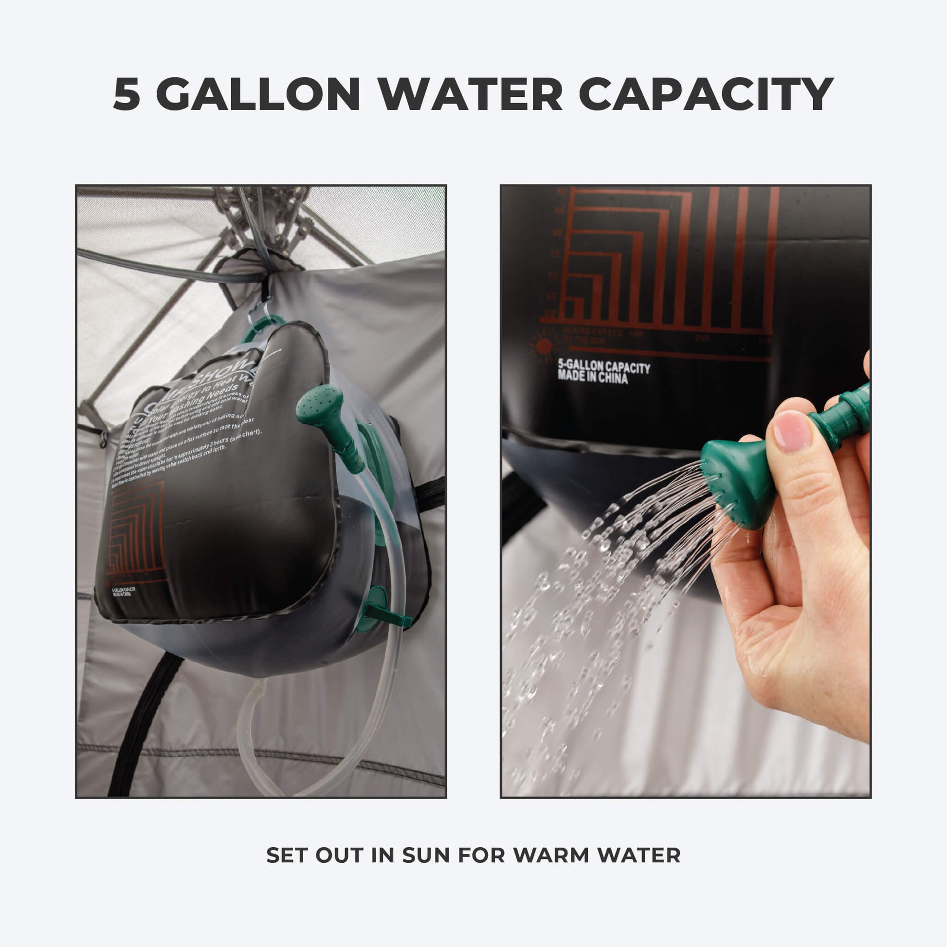 Image shows text: 5 Gallon Water Capacity with photos of shower bag and hose connection for warm outdoor shower use. Text at the bottom shows: Set out in sun for warm water.