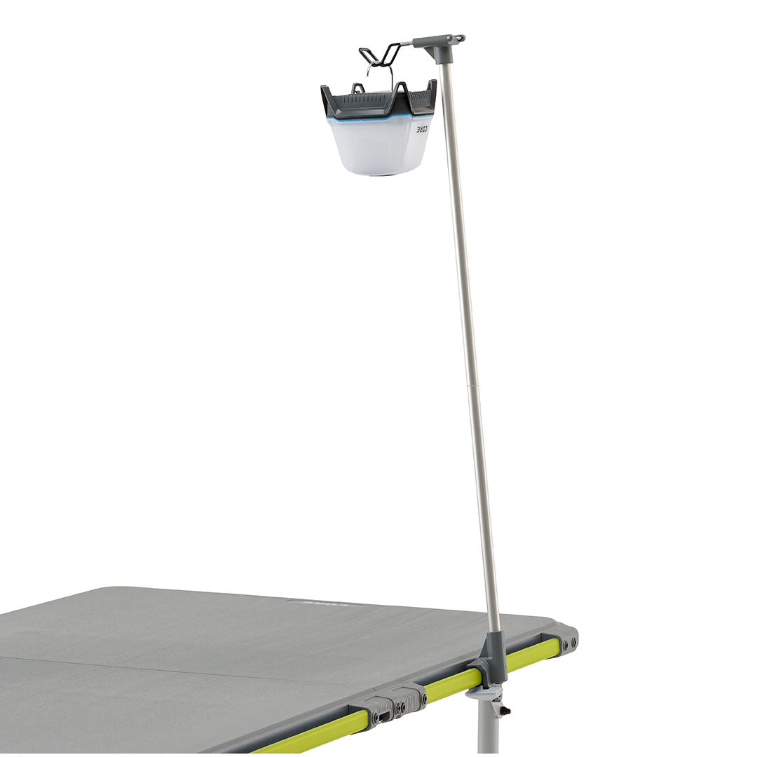 Camping table with adjustable lantern holder on a white background.