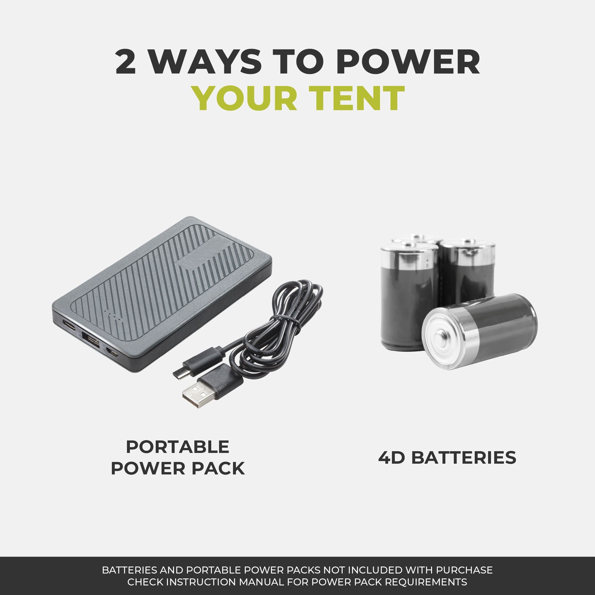 Graphic titled “2 Ways to Power Your Tent.” On the left, a “Portable Power Pack” with a USB cable and a green globe icon labeled “Less Waste.” On the right, a set of “4D Batteries.” Text at the bottom reads “Batteries and portable power packs not included with purchase.”