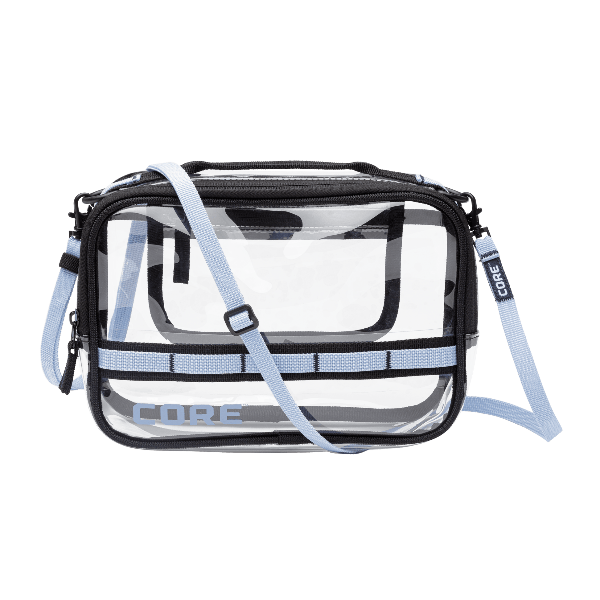 CORE clear stadium bag with match day blue trim, adjustable shoulder strap, and zippered compartments designed to meet stadium entry requirements.
