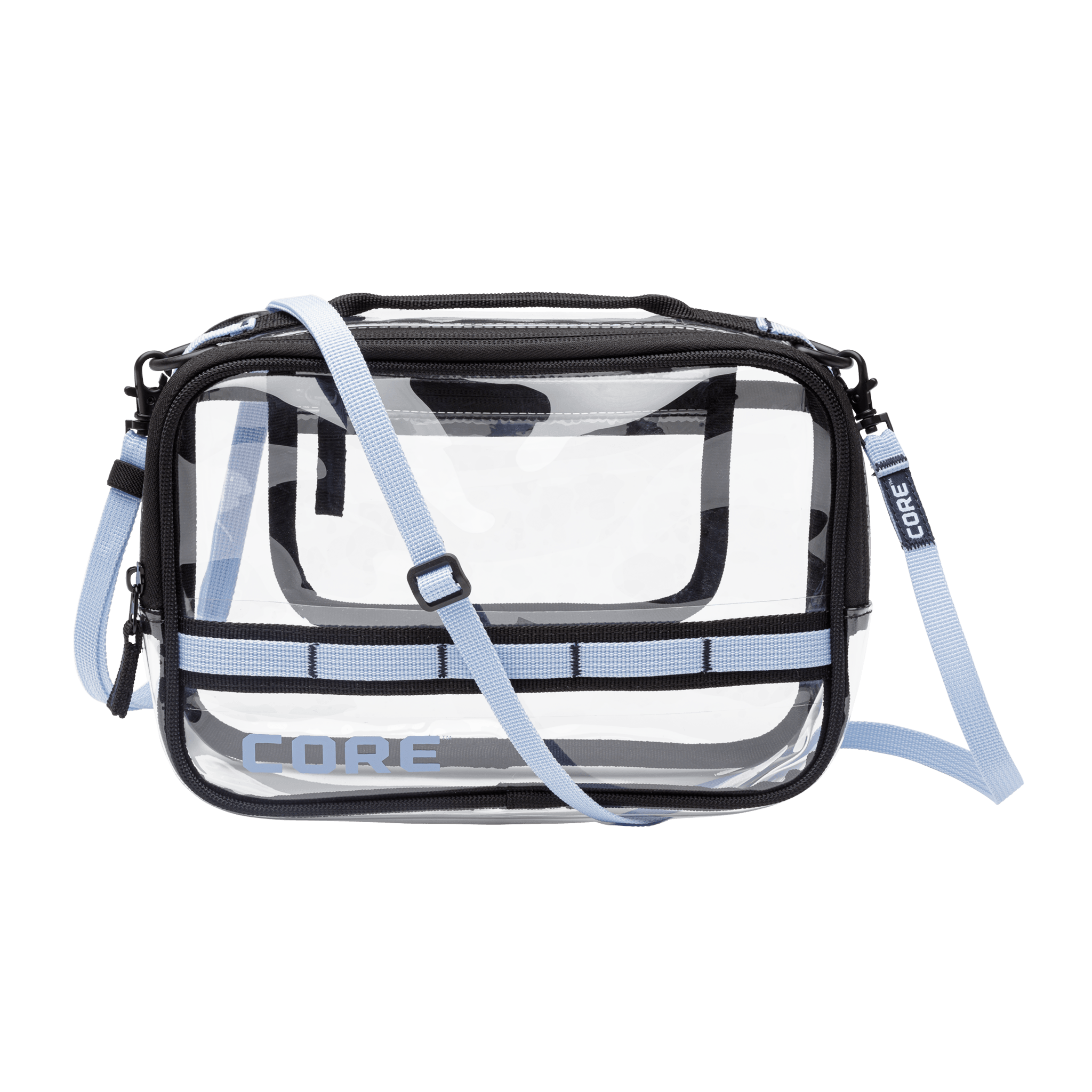 CORE clear stadium bag with match day blue trim, adjustable shoulder strap, and zippered compartments designed to meet stadium entry requirements.