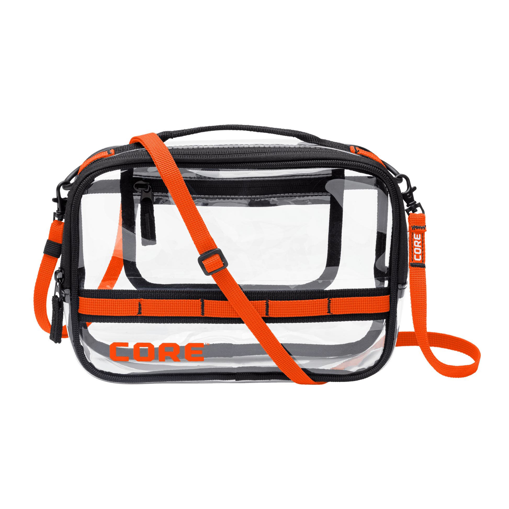 CORE clear stadium bag with orange trim, adjustable shoulder strap, and zippered compartments designed to meet stadium entry requirements.