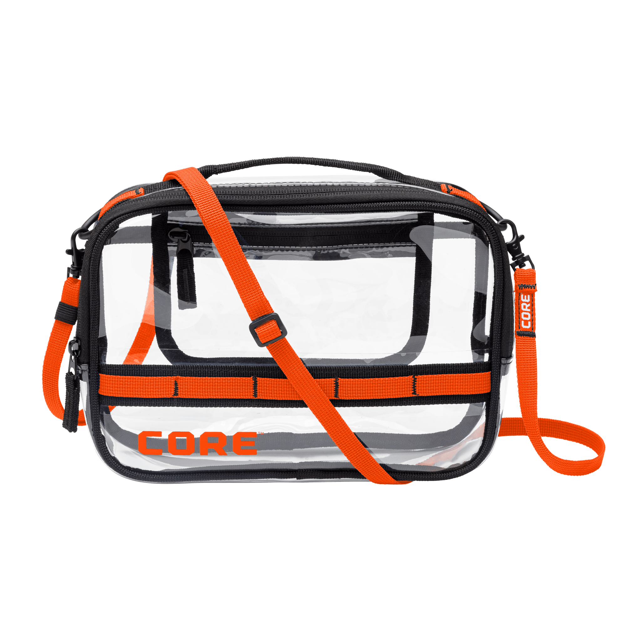 CORE clear stadium bag with orange trim, adjustable shoulder strap, and zippered compartments designed to meet stadium entry requirements.
