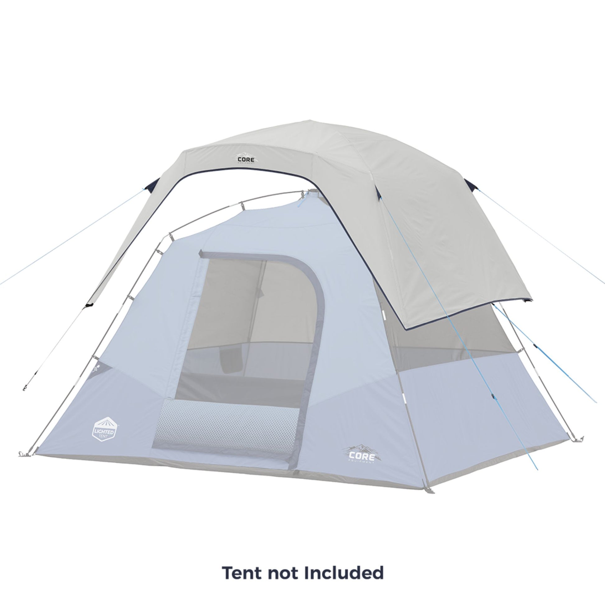 Camping tent with rainfly hovered above tent with text that reads "Tent not Included".