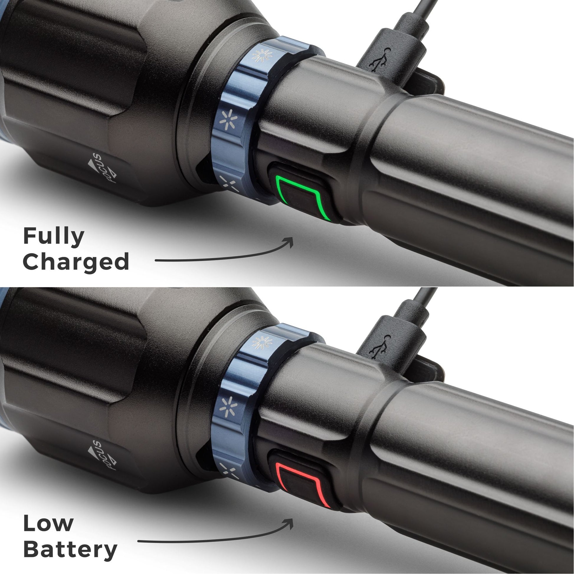 Two views of a device with charging indicators showing 'Fully Charged' and 'Low Battery'.