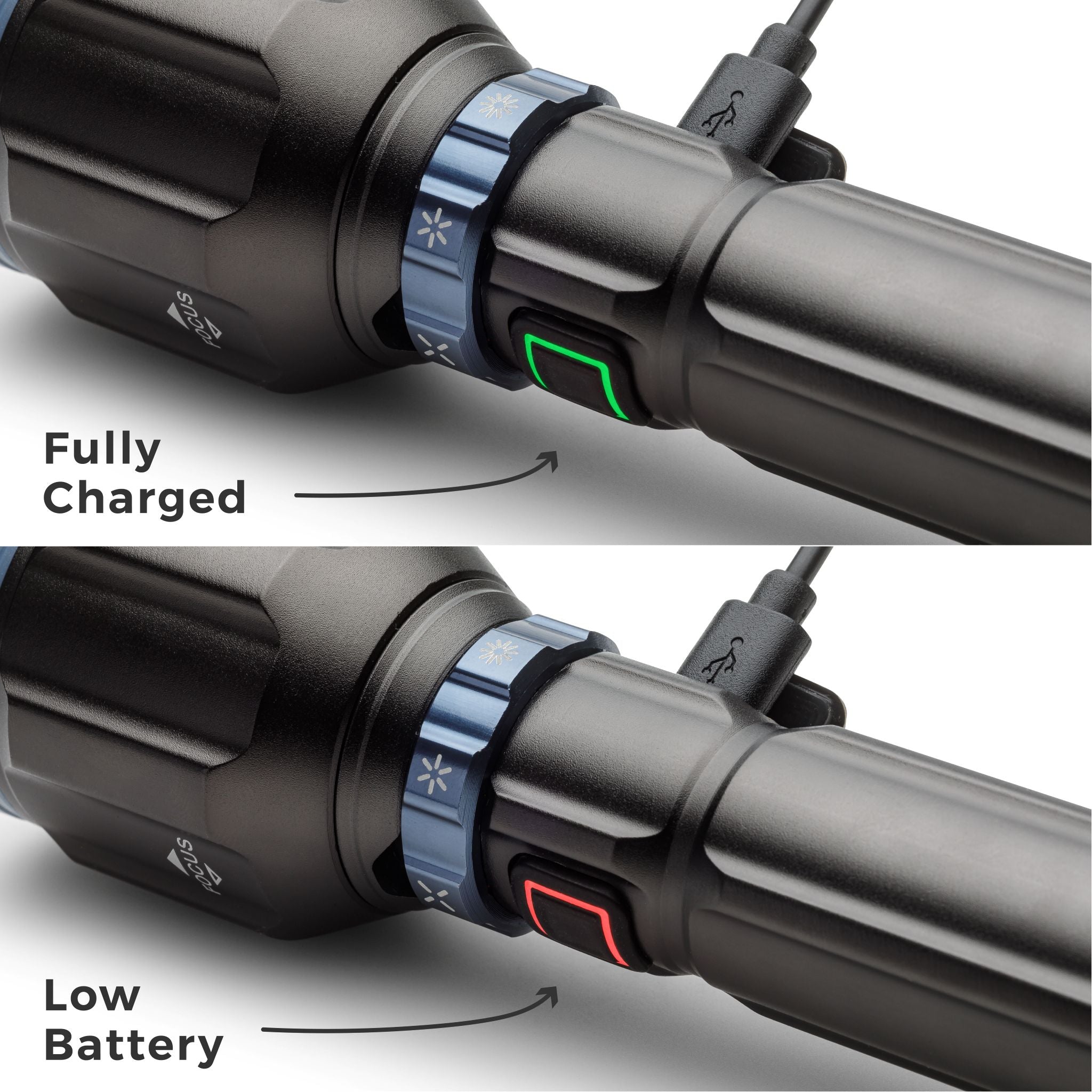 Two views of a device with charging indicators showing 'Fully Charged' and 'Low Battery'.