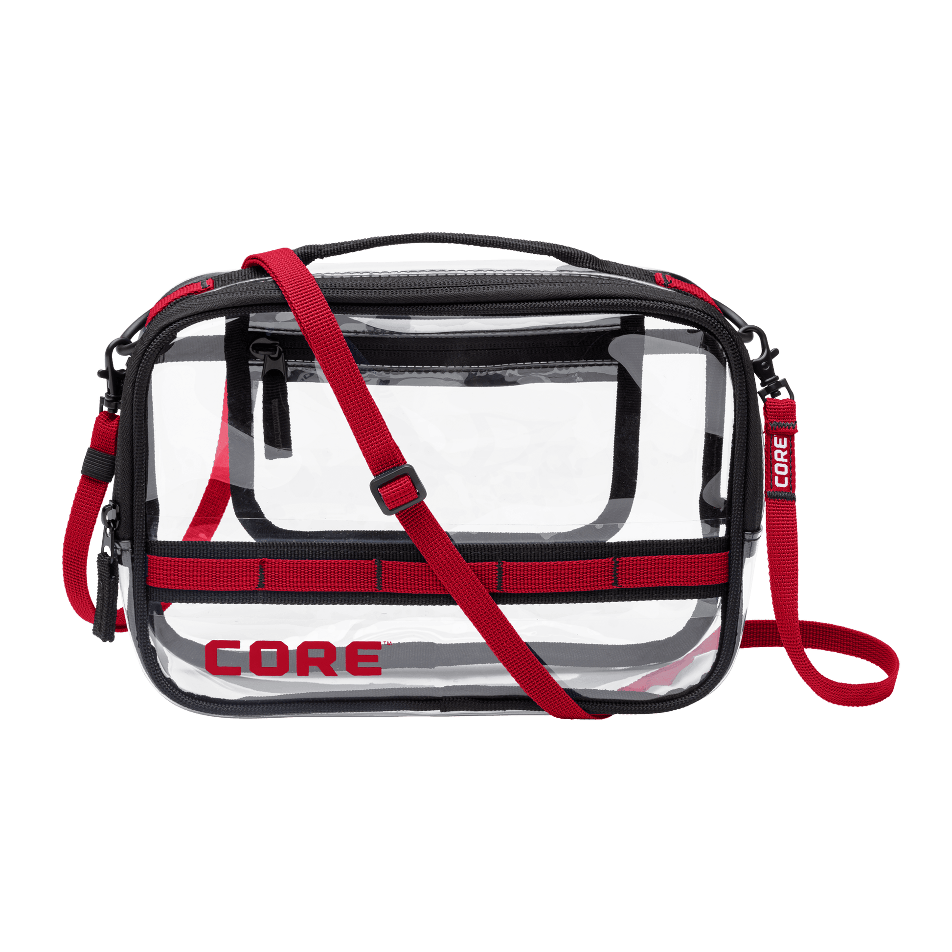 CORE clear stadium bag with red trim, adjustable shoulder strap, and zippered compartments designed to meet stadium entry requirements.