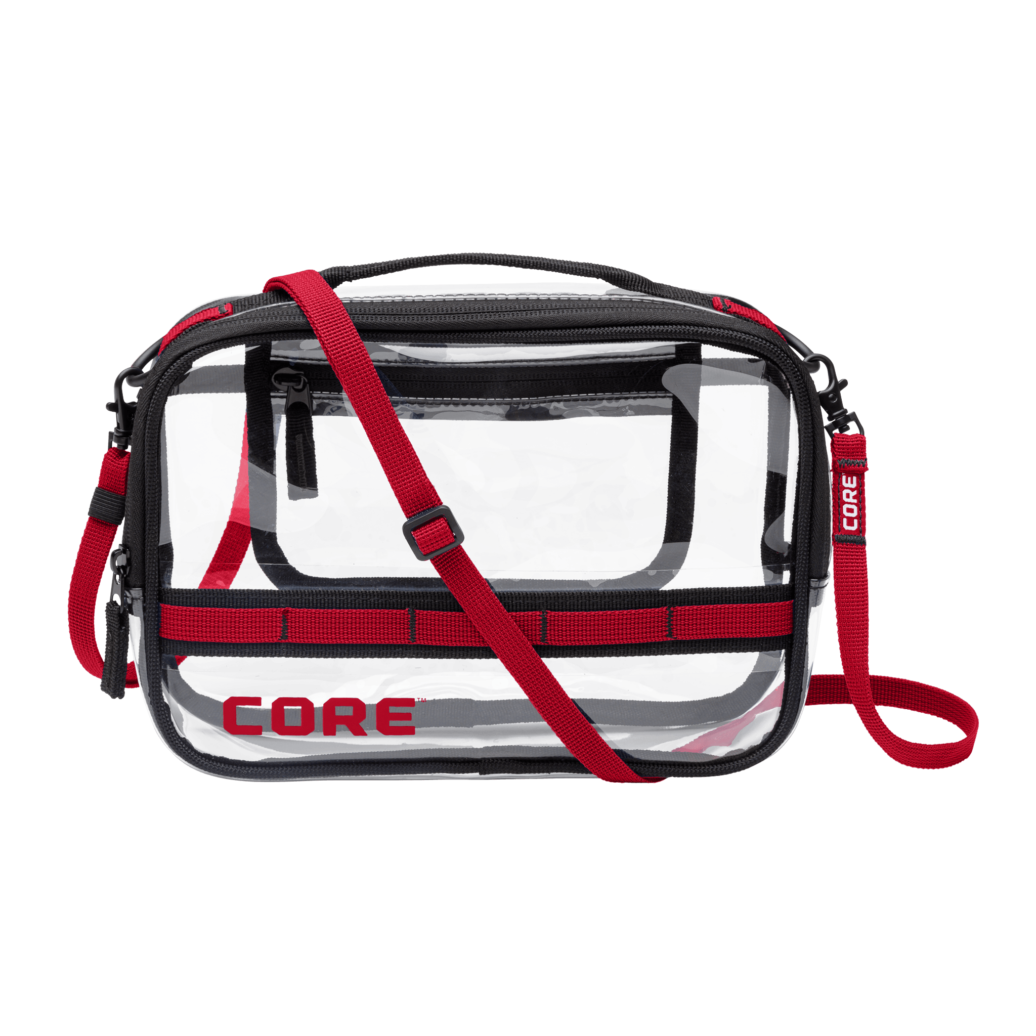CORE clear stadium bag with red trim, adjustable shoulder strap, and zippered compartments designed to meet stadium entry requirements.