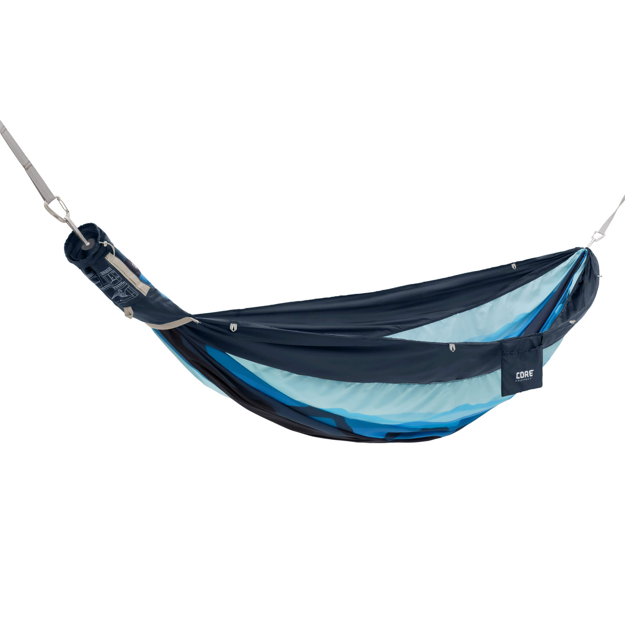 CORE single hammock in blue mountain pattern with a storage pocket attached on the side.