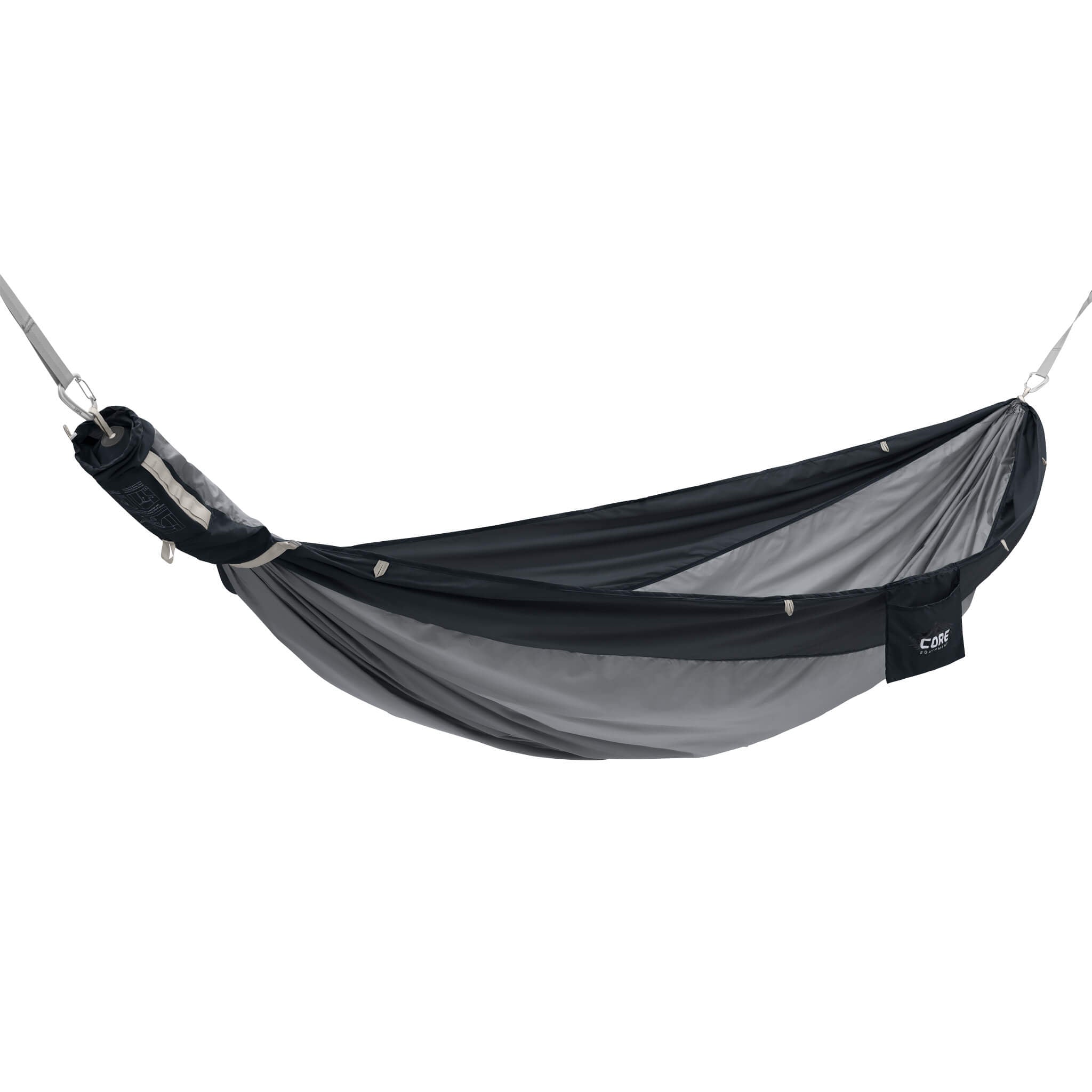 CORE single hammock in gray with a storage pocket attached on the side.