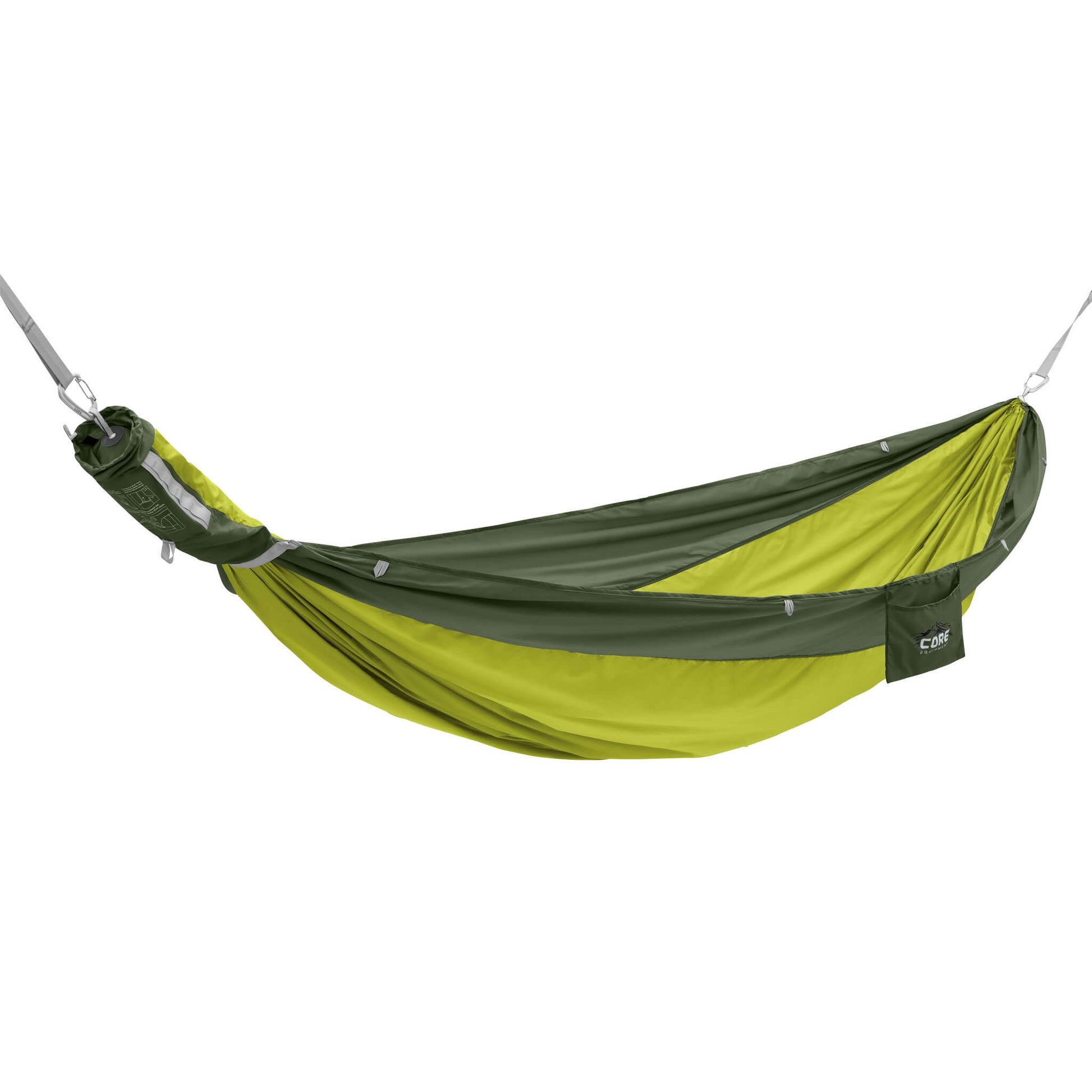 CORE single hammock in green with attached storage pocket and straps.