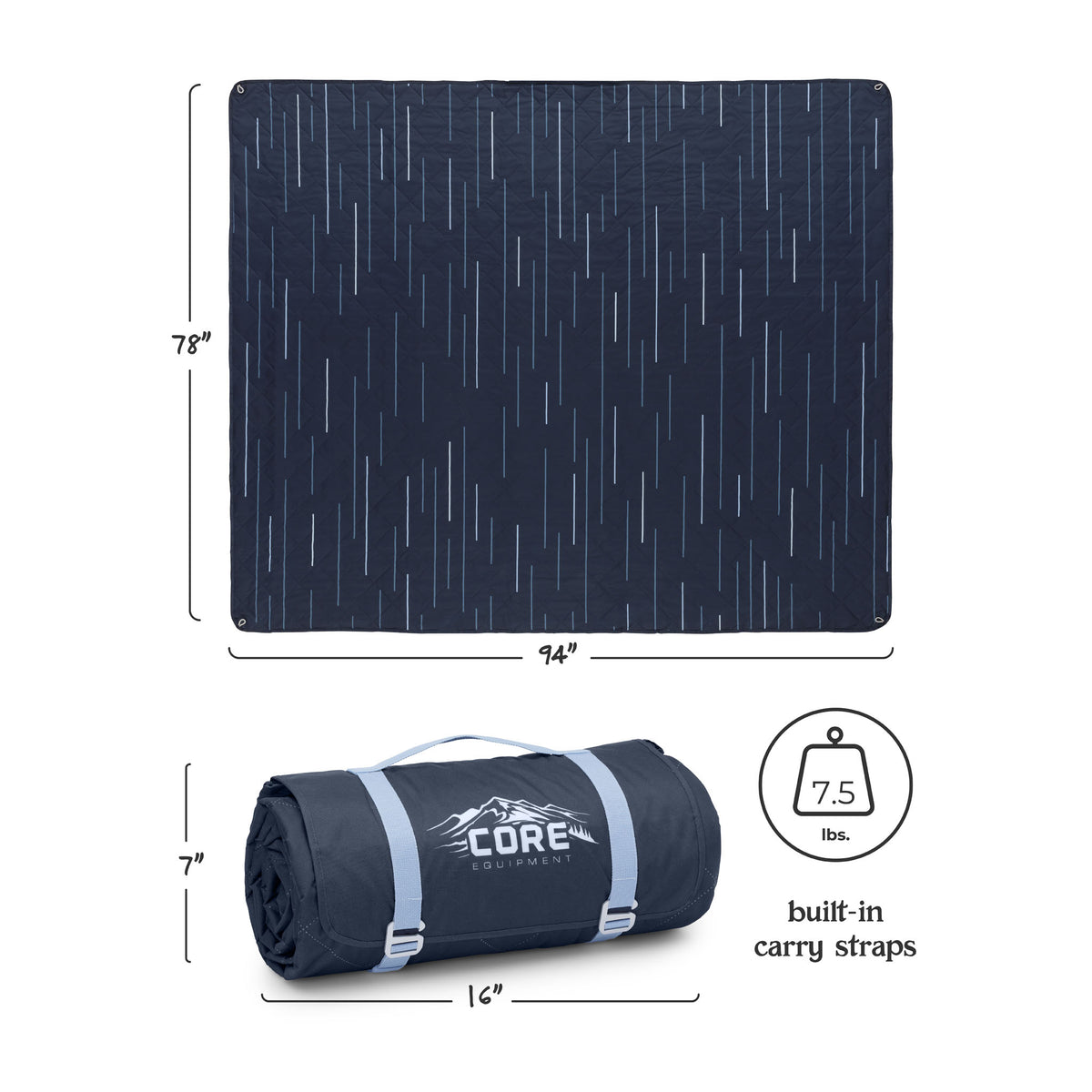 CORE Staydown Anchortech outdoor weighted blanket in green forest pattern, 94 by 78 inches, 7.5 lbs, flat and rolled with straps.
