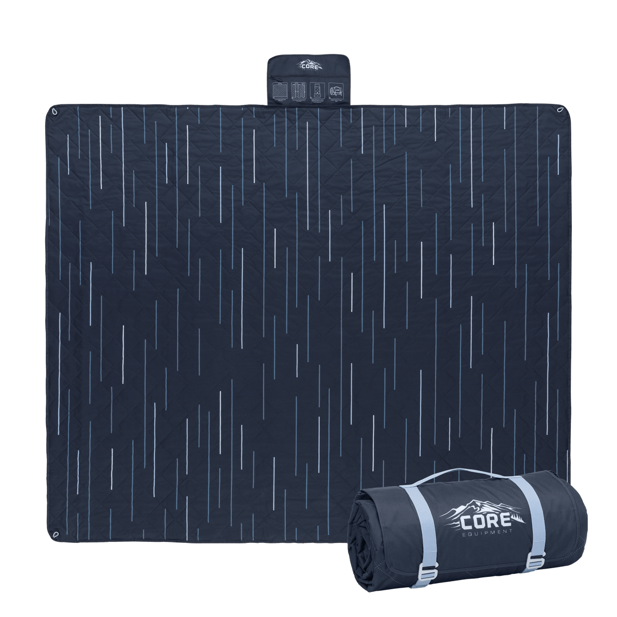 CORE Staydown Anchortech outdoor weighted blanket in green forest pattern with an image of the blanket rolled beside it.