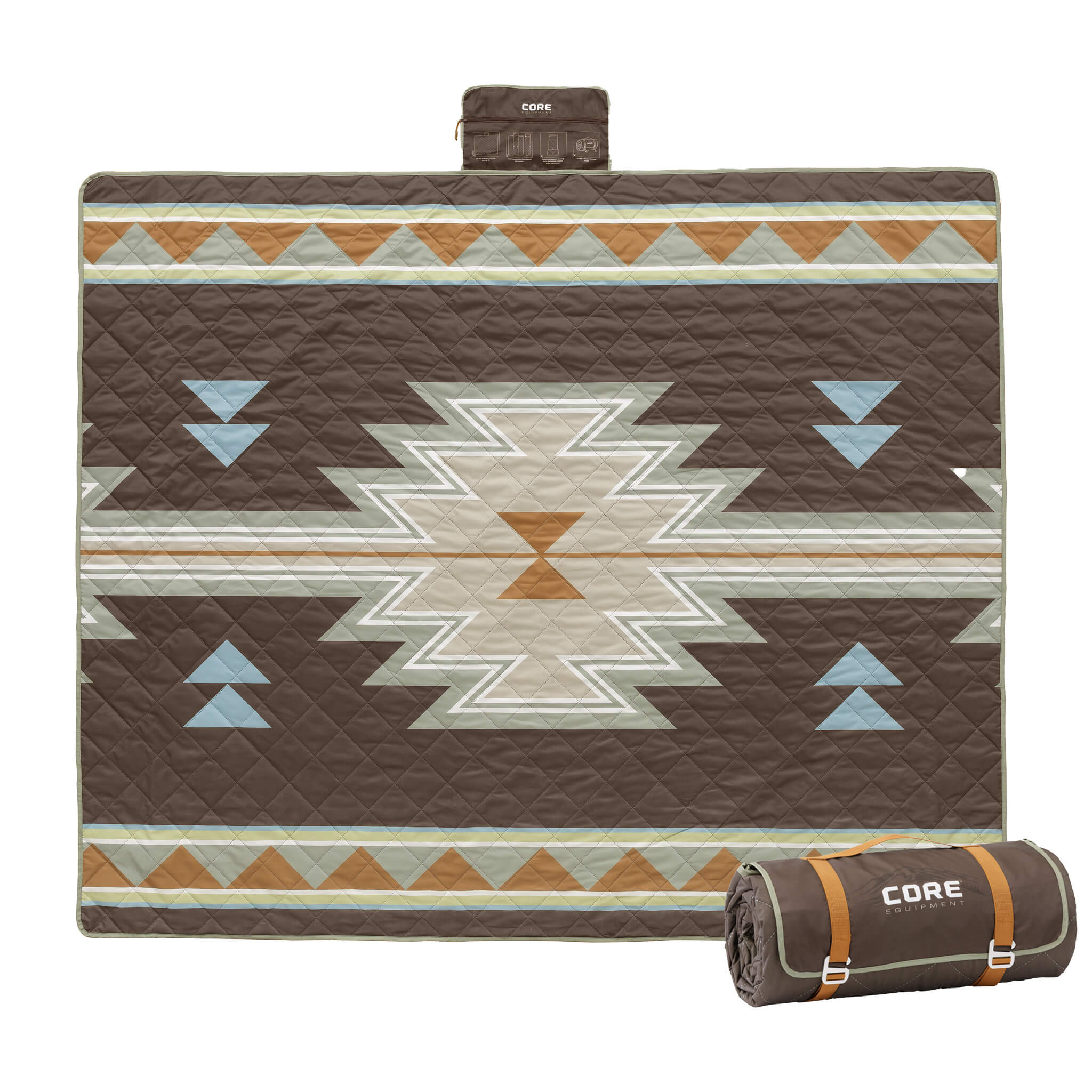 CORE Staydown Anchortech outdoor weighted blanket with a brown southwestern desert mosaic pattern with an image of the blanket rolled beside it.