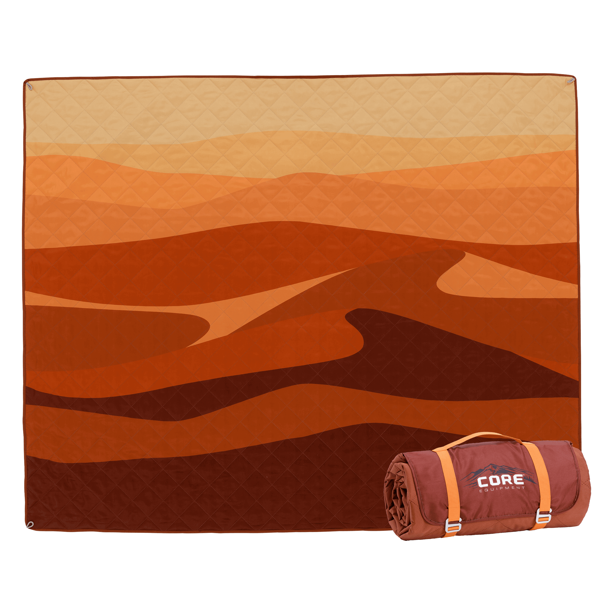 CORE Staydown Anchortech outdoor weighted blanket in orange/red sand dune pattern with an image of the blanket rolled beside it.