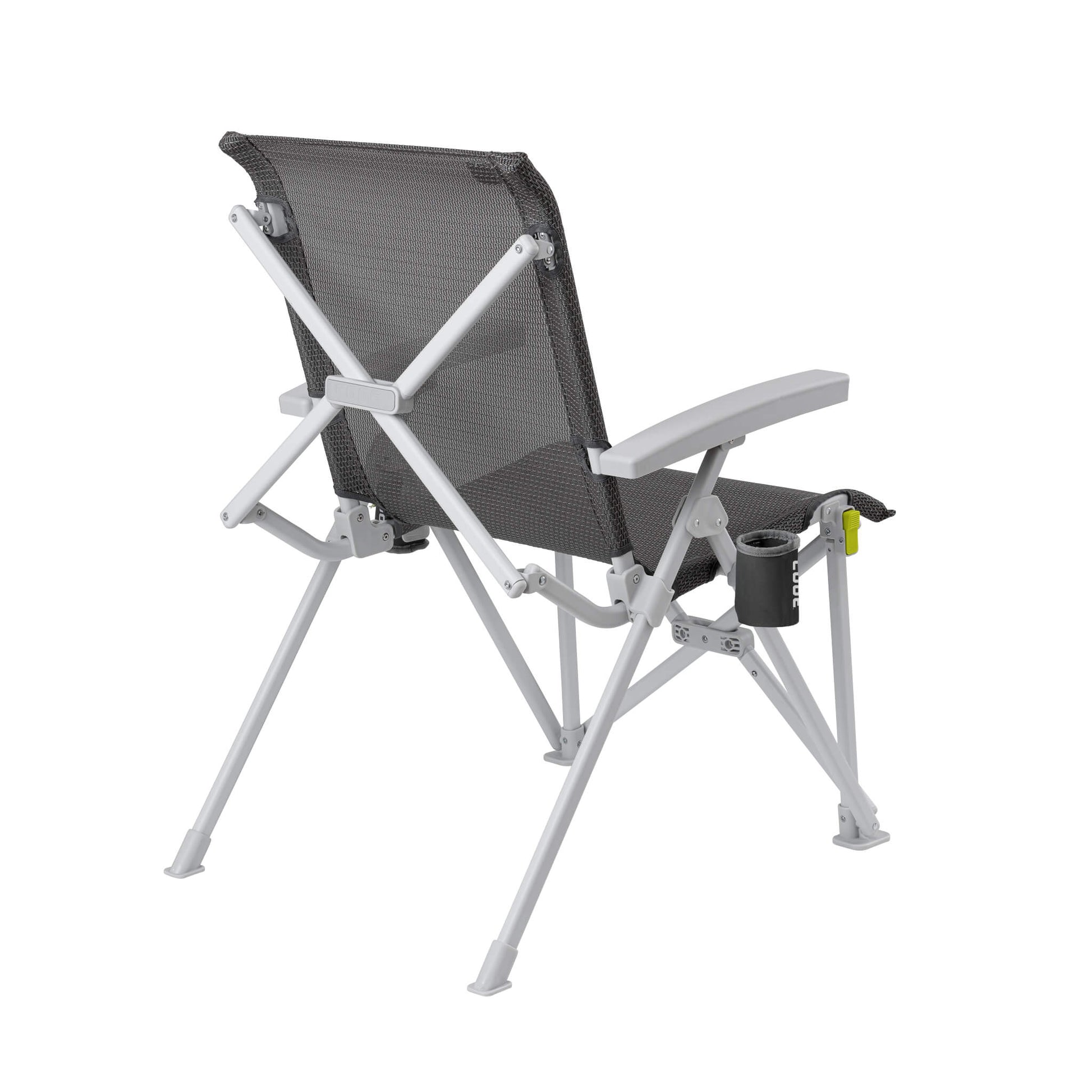 Back view of CORE folding camping chair in light gray frame with mesh back, hard armrests, locking frame, and removable cup holder.
