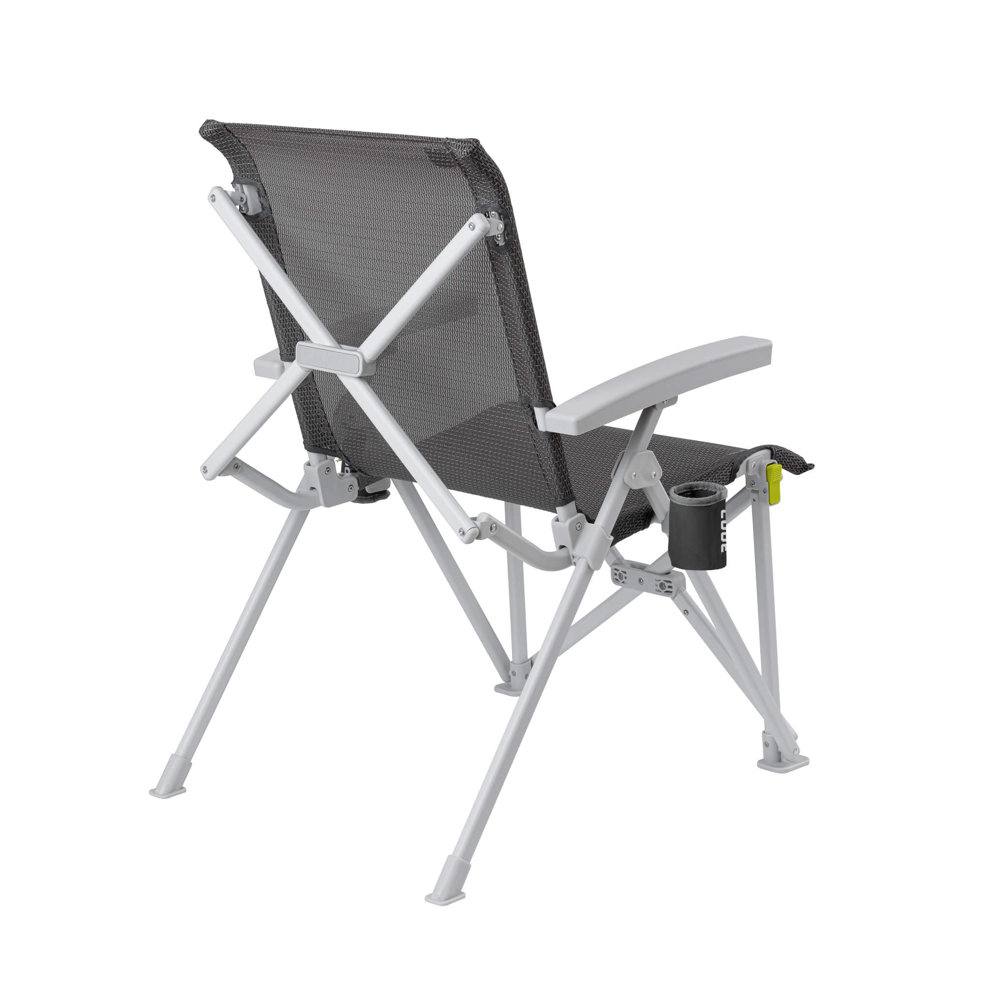 Back view of CORE folding camping chair in light gray frame with mesh back, hard armrests, locking frame, and removable cup holder.