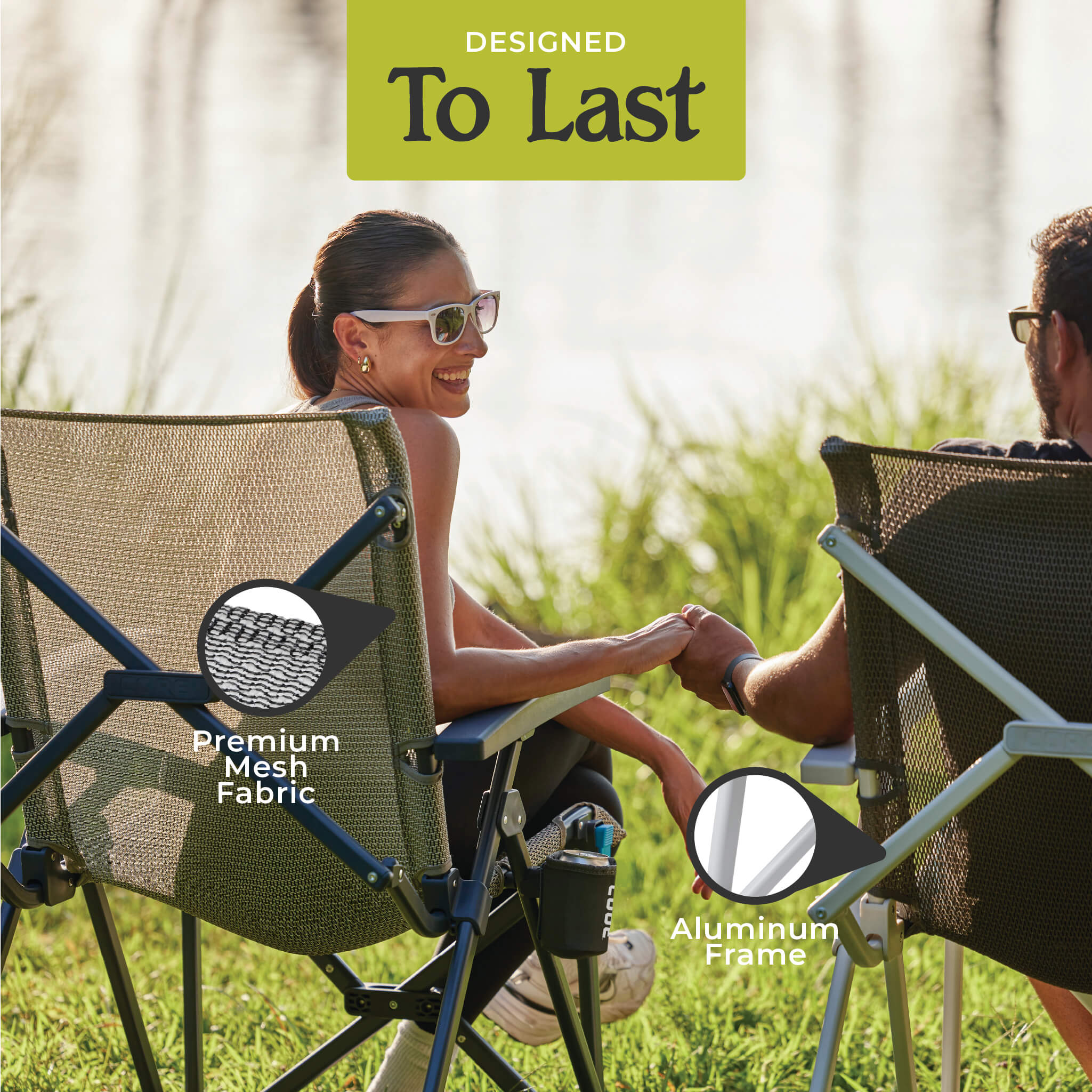 Lifestyle image of CORE performance hard arm camping chairs outdoors with an aluminum frame and breathable mesh fabric.