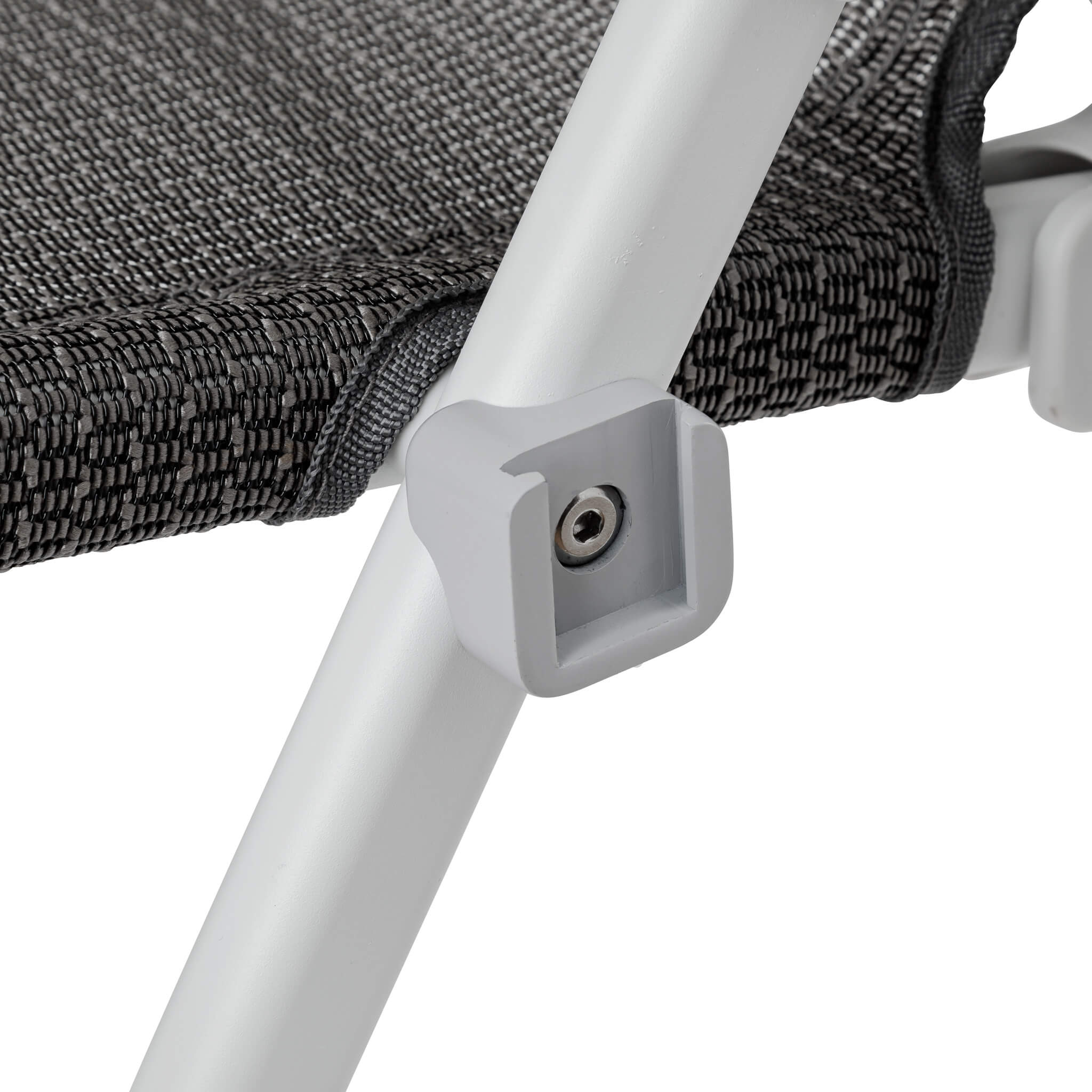 Close-up of CORE folding camping chair in light gray frame showing reinforced frame connection, cup holder attachment, and durable fabric.