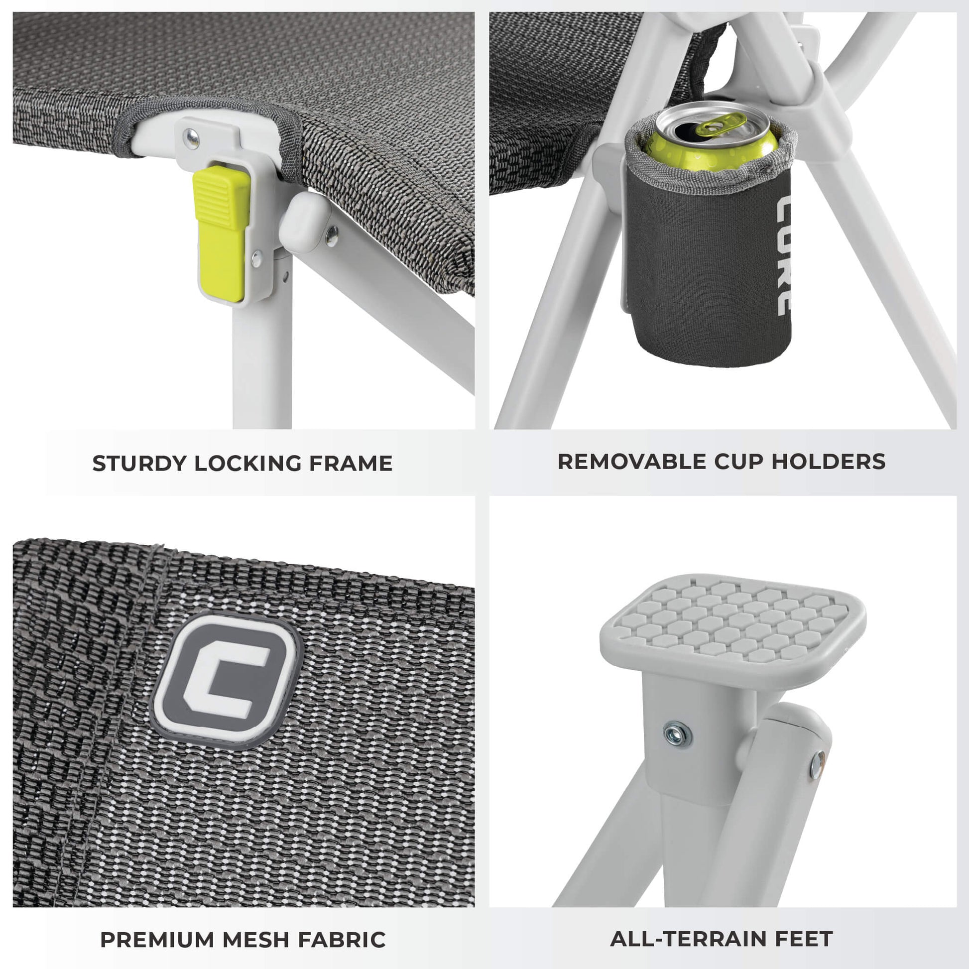 Close-up details of CORE folding camping chair showing locking frame, removable cup holder, premium mesh fabric, and all-terrain feet.
