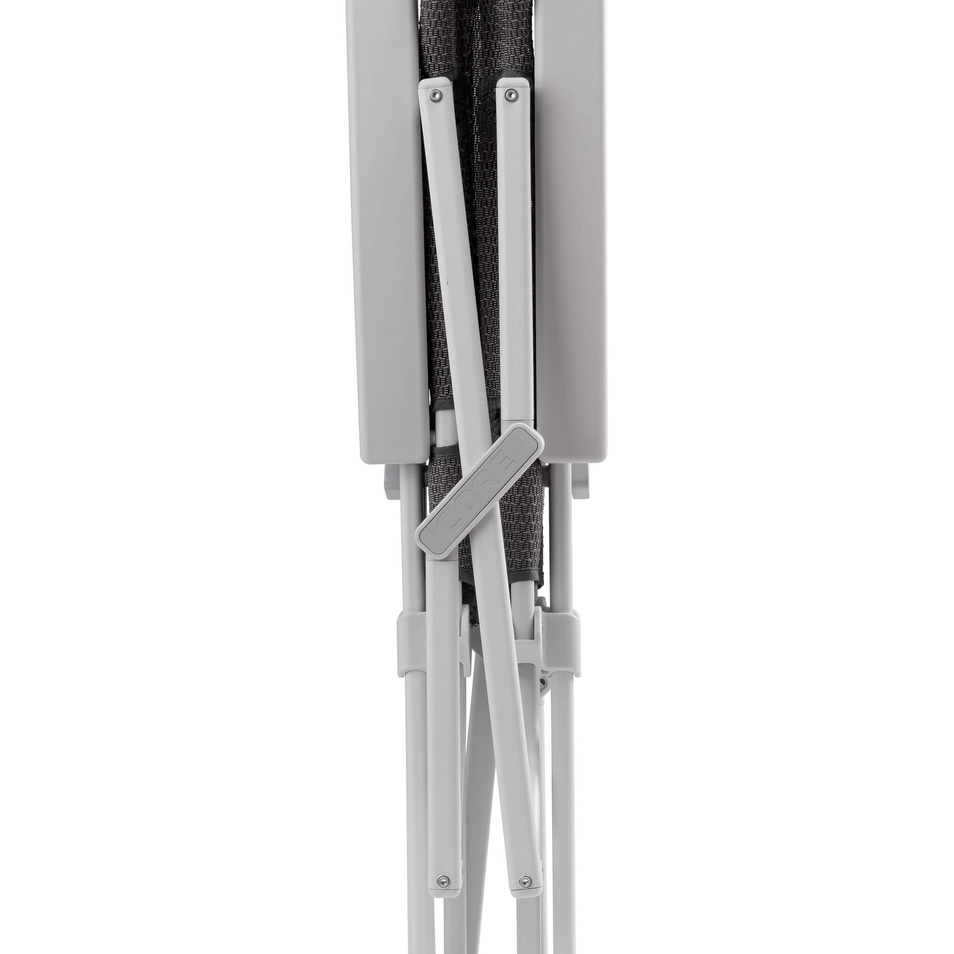 Close-up of CORE folding camping chair frame folded for compact storage.