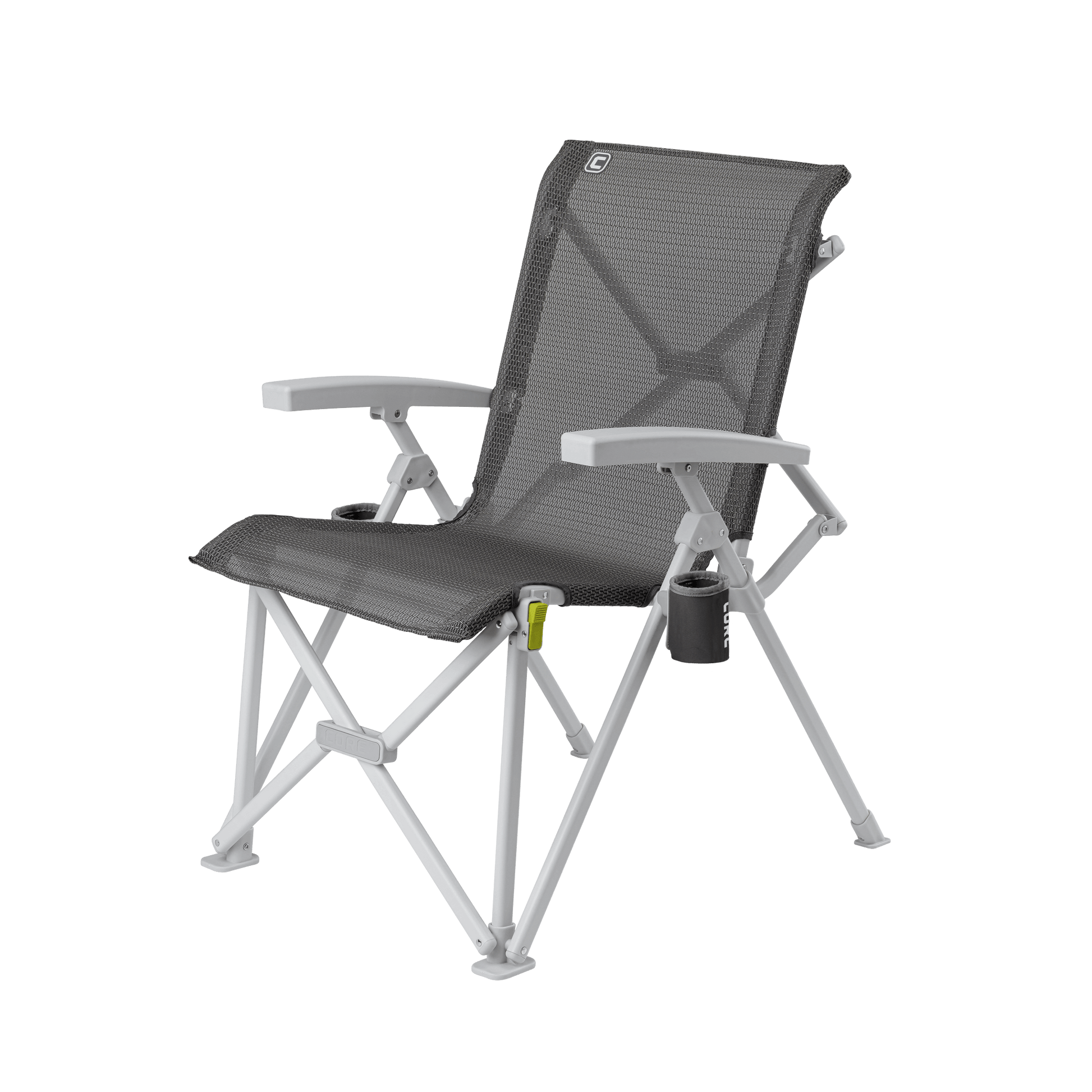 CORE folding camping chair with dark gray mesh back, light gray locking frame, and removable cup holder.