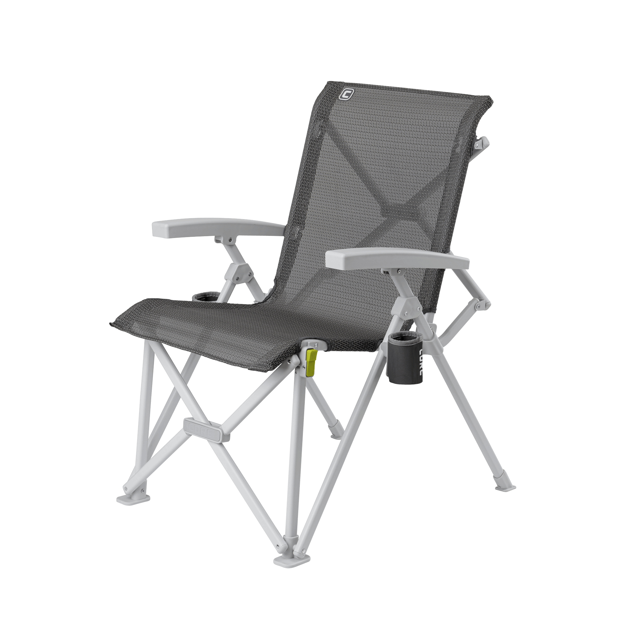 CORE folding camping chair with dark gray mesh back, light gray locking frame, and removable cup holder.