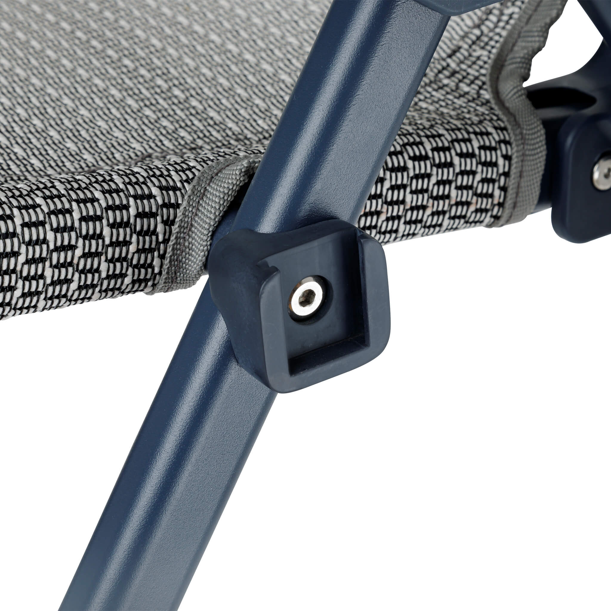 Close-up of CORE folding camping chair in navy frame showing reinforced frame connection, cup holder attachment, and durable fabric.