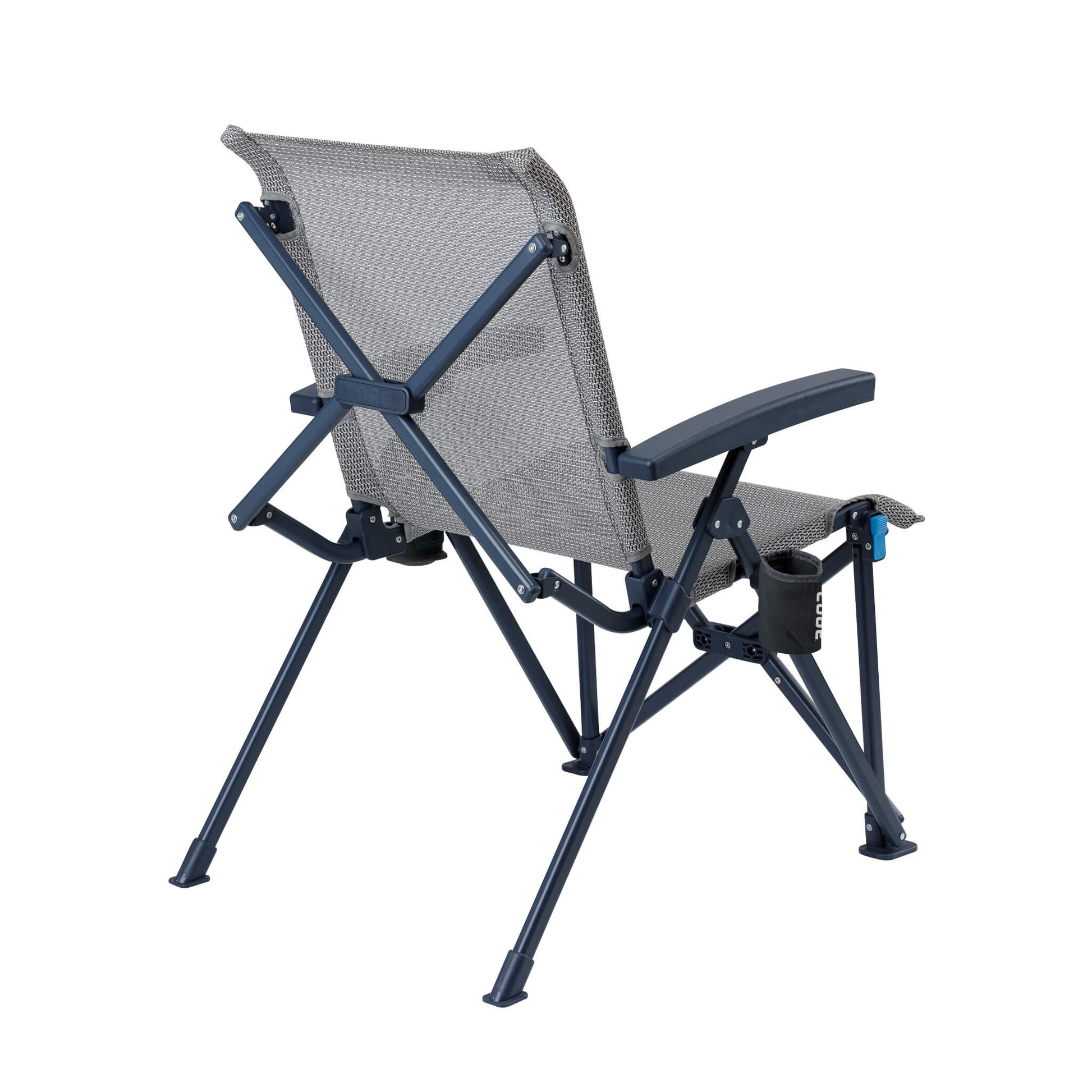 Back view of CORE folding camping chair in navy frame with mesh back, hard armrests, locking frame, and removable cup holder.