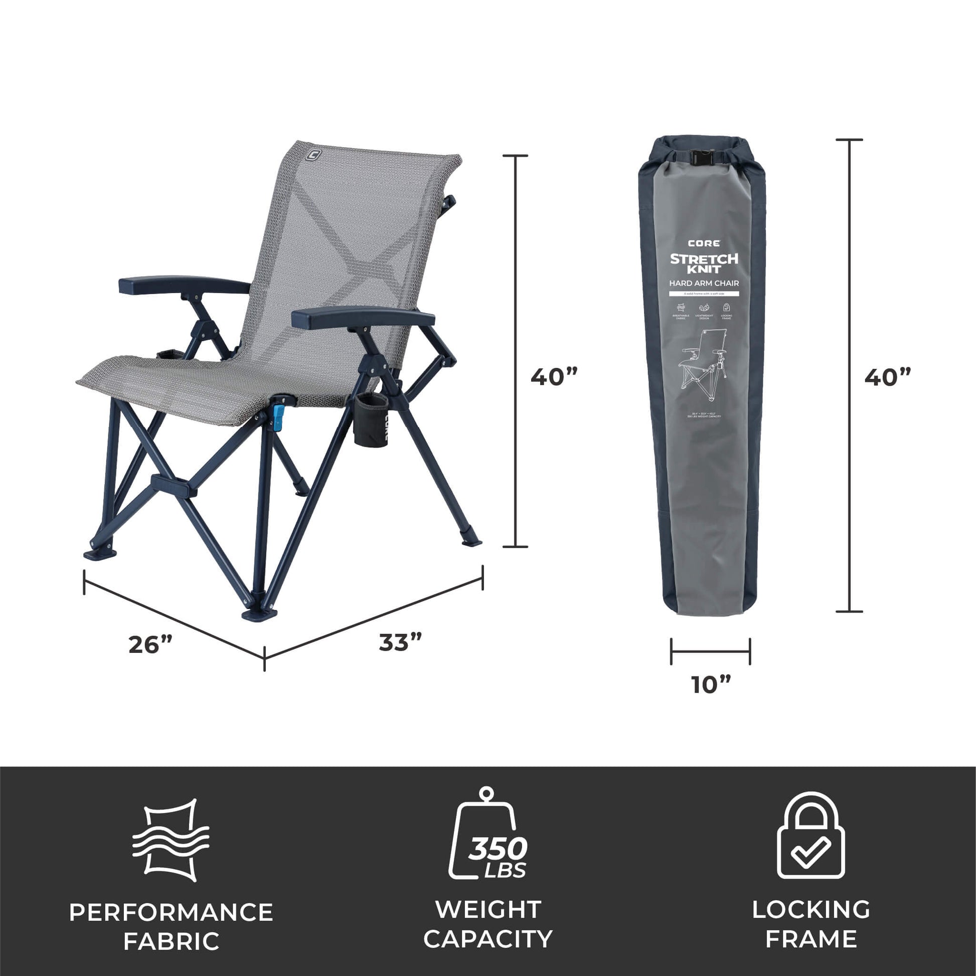 CORE folding camping chair in navy with mesh seat and back shown with dimensions, carry bag size, 350 lb weight capacity, performance fabric, and locking frame icons.