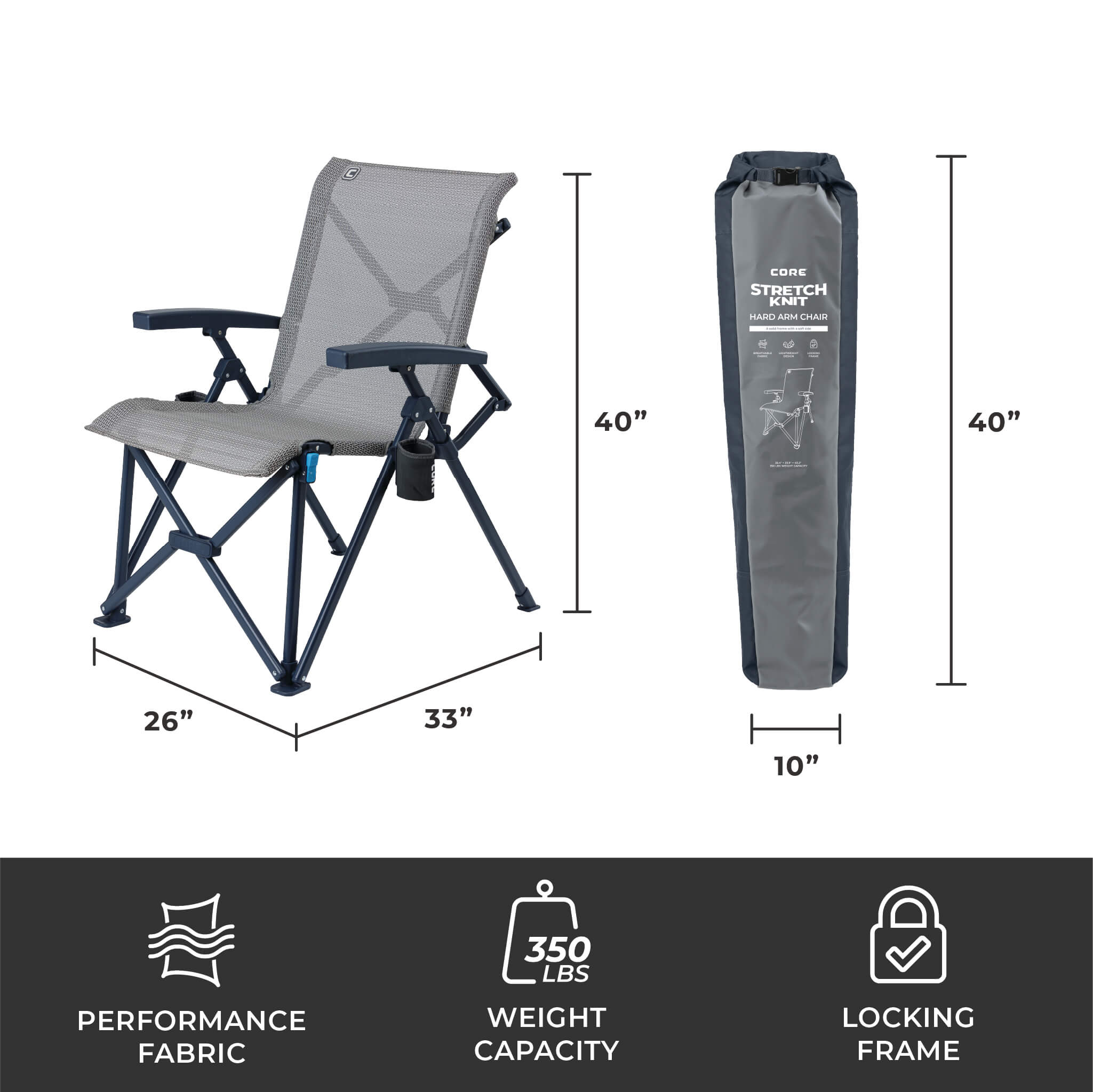 CORE folding camping chair in navy with mesh seat and back shown with dimensions, carry bag size, 350 lb weight capacity, performance fabric, and locking frame icons.